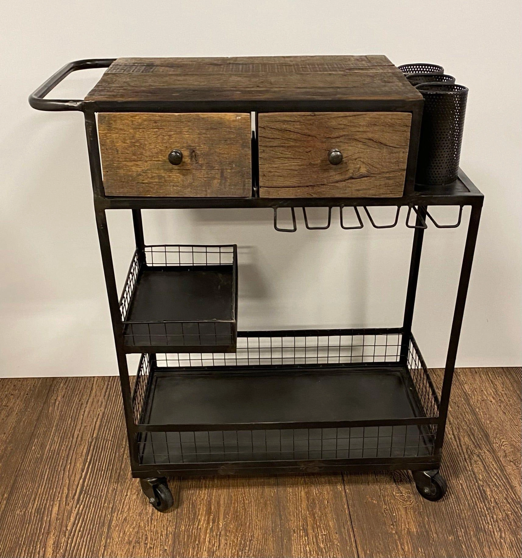 Rolling Rustic Wood & Iron Bar Cart glassware set, wine glass