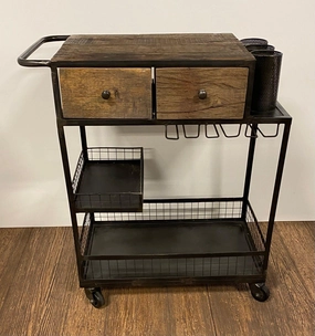 Rolling Rustic Wood & Iron Bar Cart glassware set, wine glass