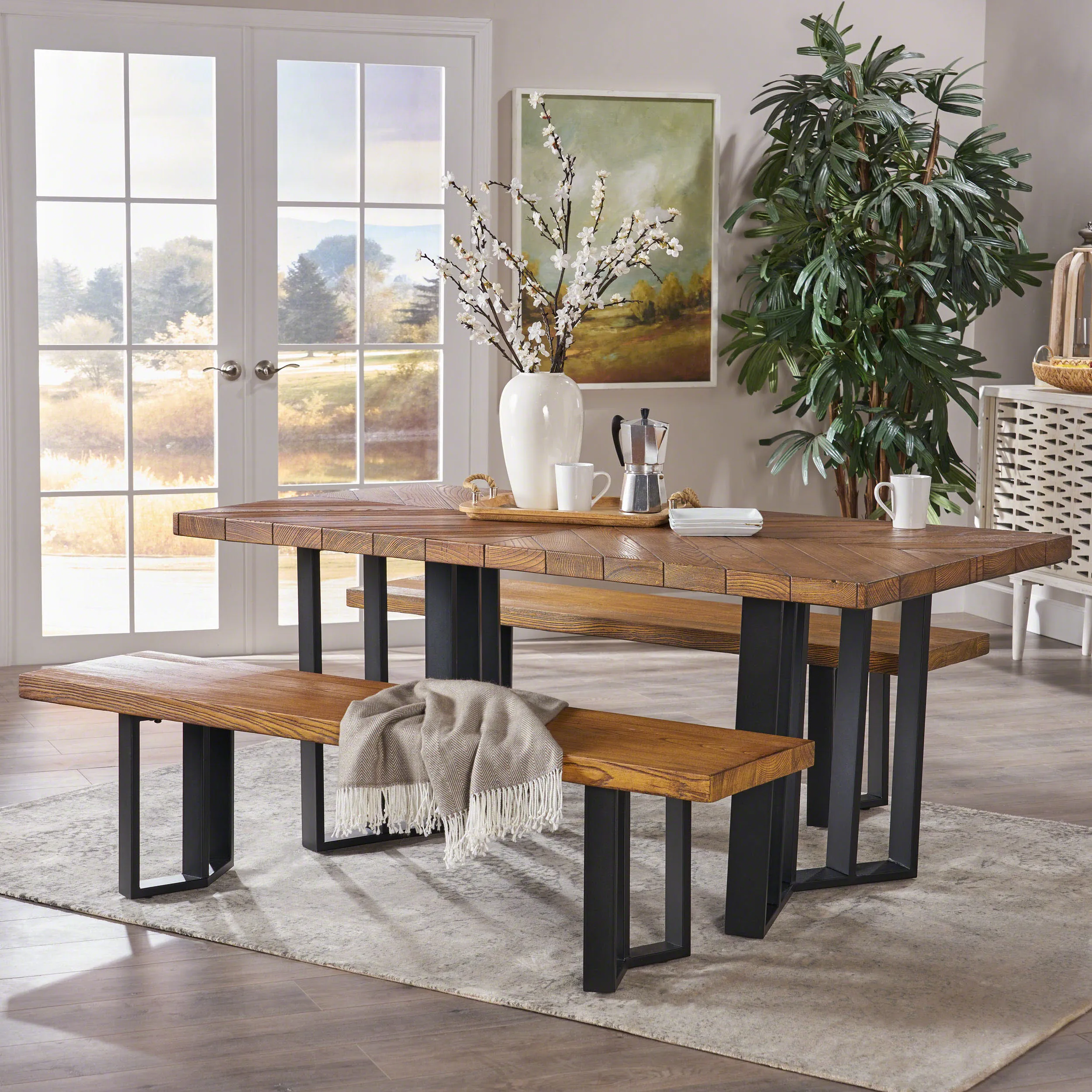 Rosa Farmhouse 4 Seater Benches & Table Picnic Dining Set - NH321403 dining table set, round dining table