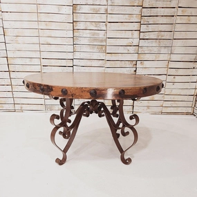 Round Copper Dining Table with Iron Base glassware set, wine glass