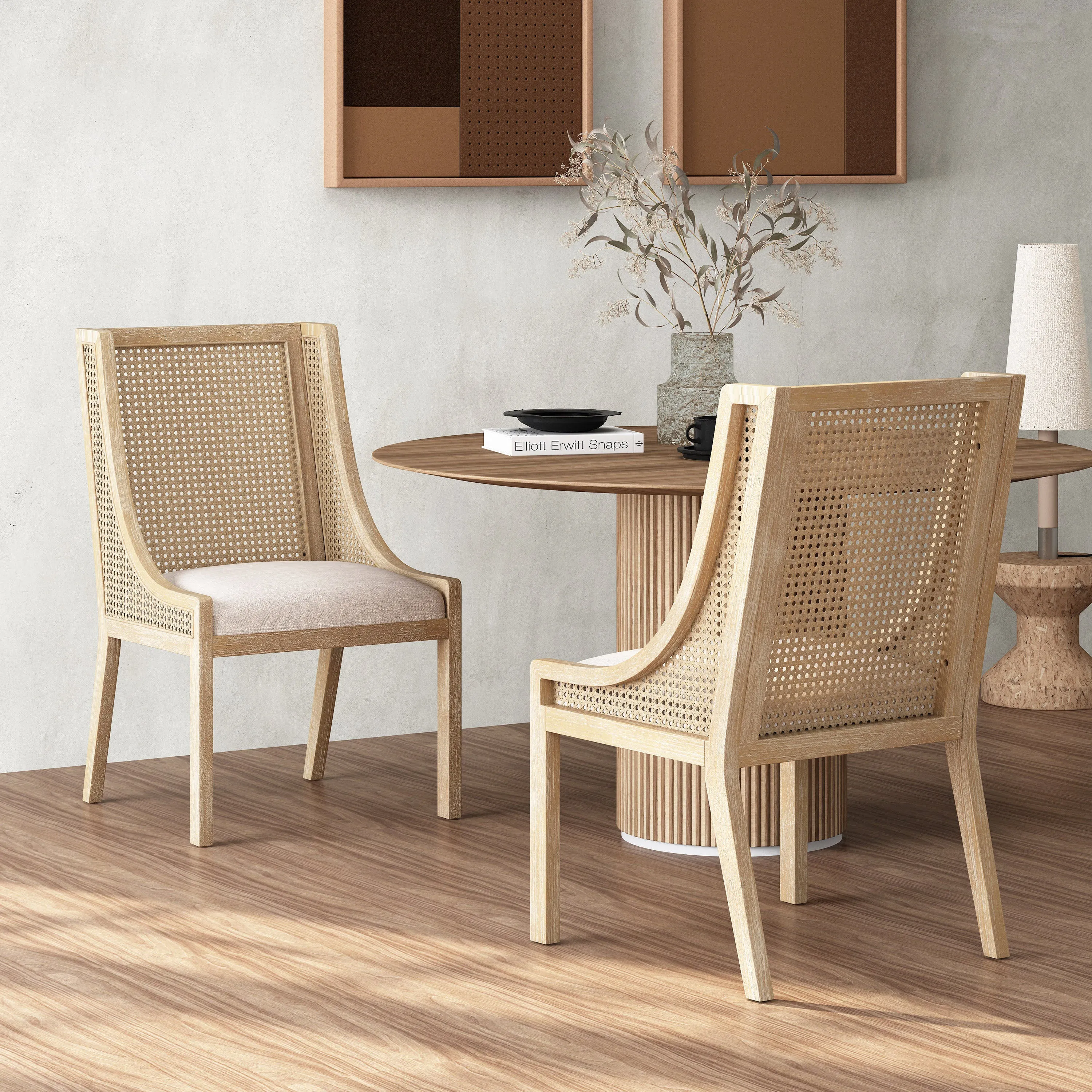 Rustic Cane and Wood Upholstered Dining Chairs, Set of 2 dining table set, 6-piece dining set