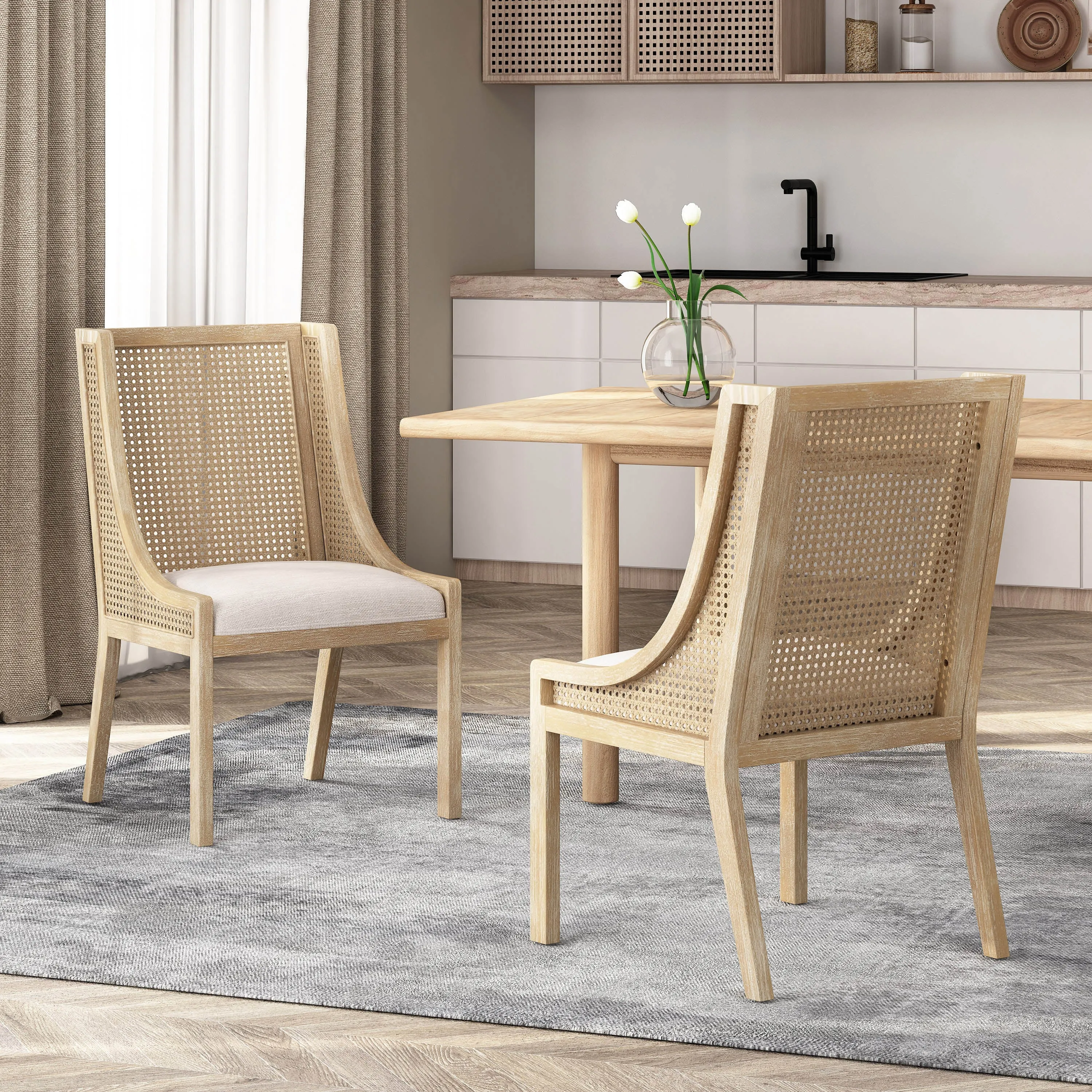 Rustic Cane and Wood Upholstered Dining Chairs, Set of 2