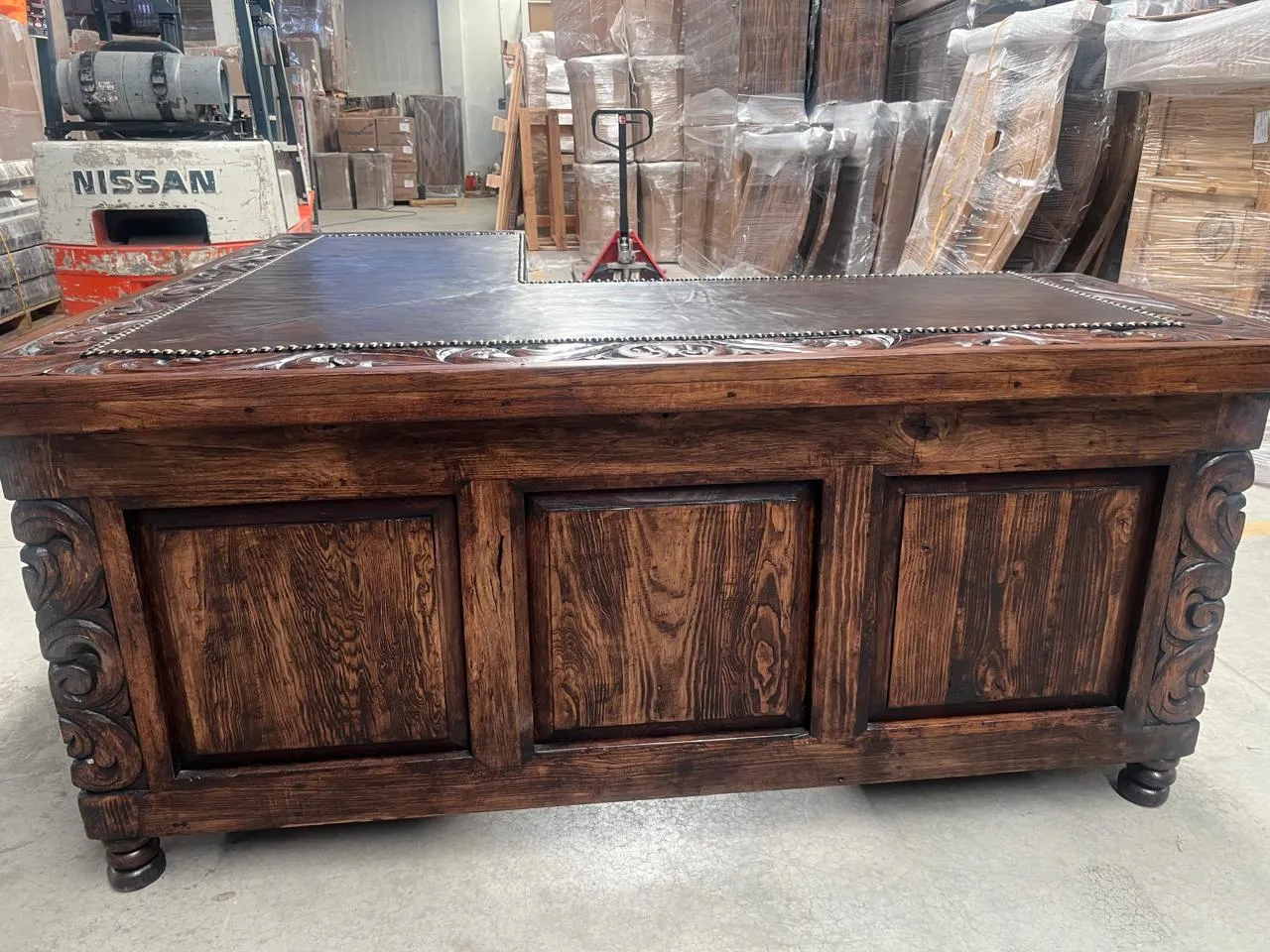 Rustic Leather Top L-Shape Desk