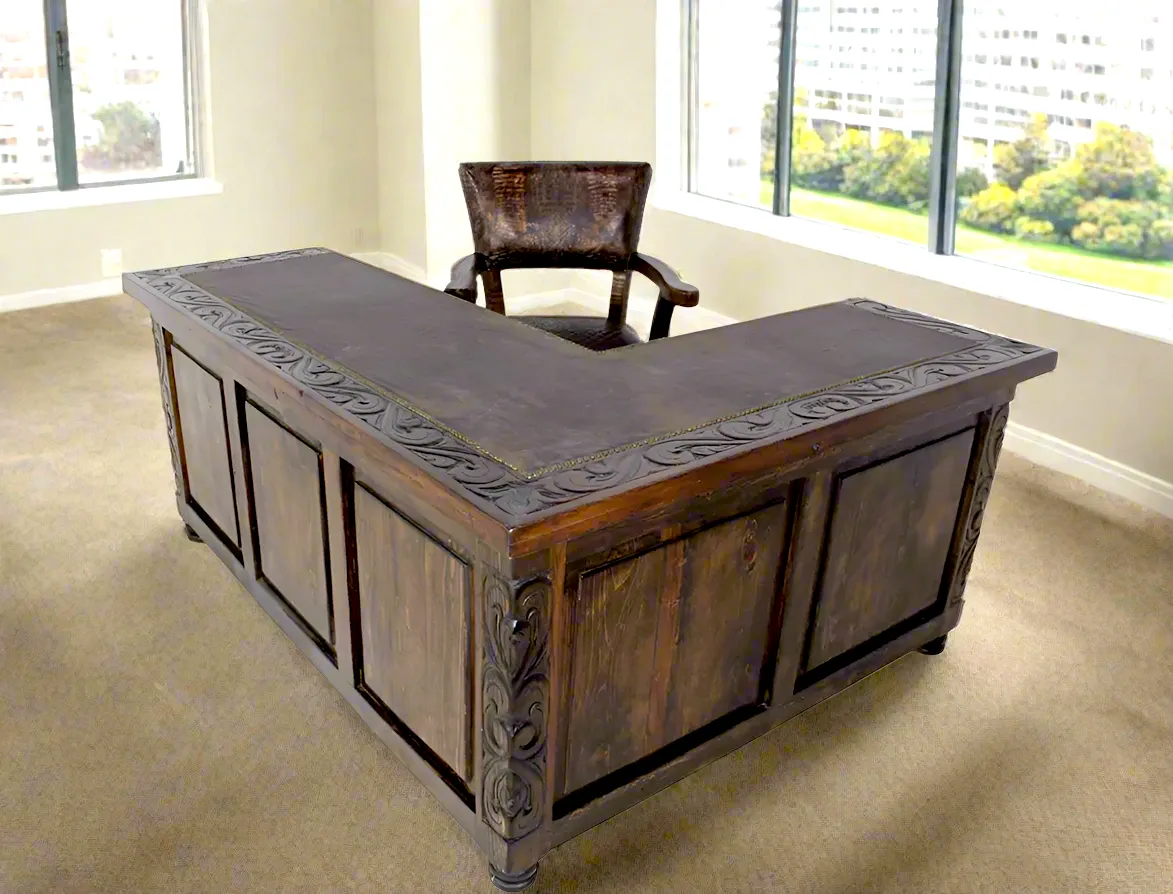 Rustic Leather Top L-Shape Desk