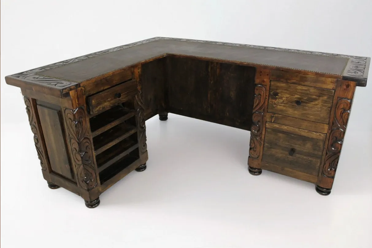 Rustic Leather Top L-Shape Desk