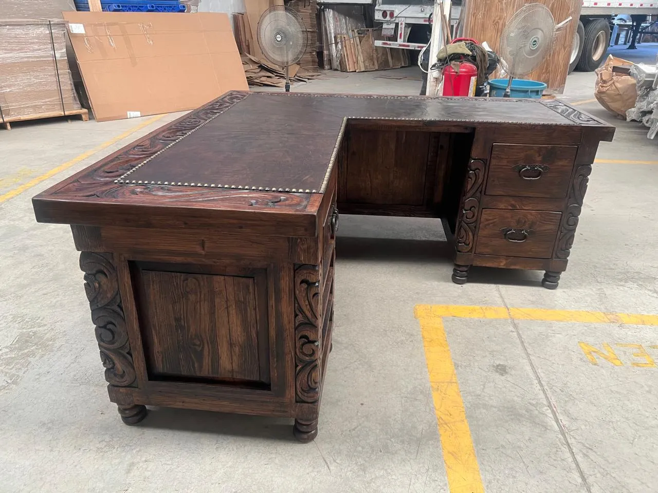 Rustic Leather Top L-Shape Desk