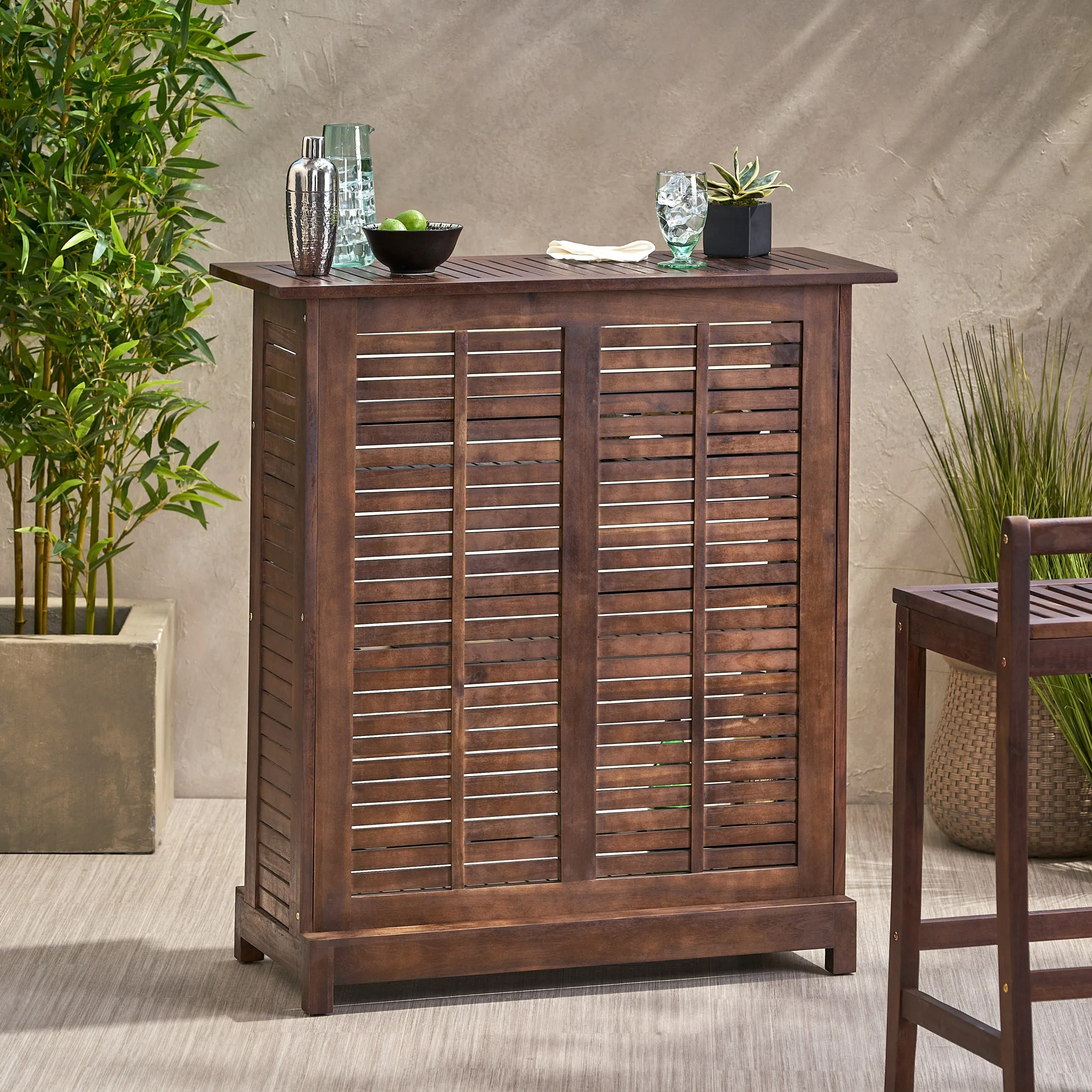 Rustic Outdoor Slatted Rich Mahogany Acacia Wood Bar with Shelves - NH625692 patio chairs, outdoor seating