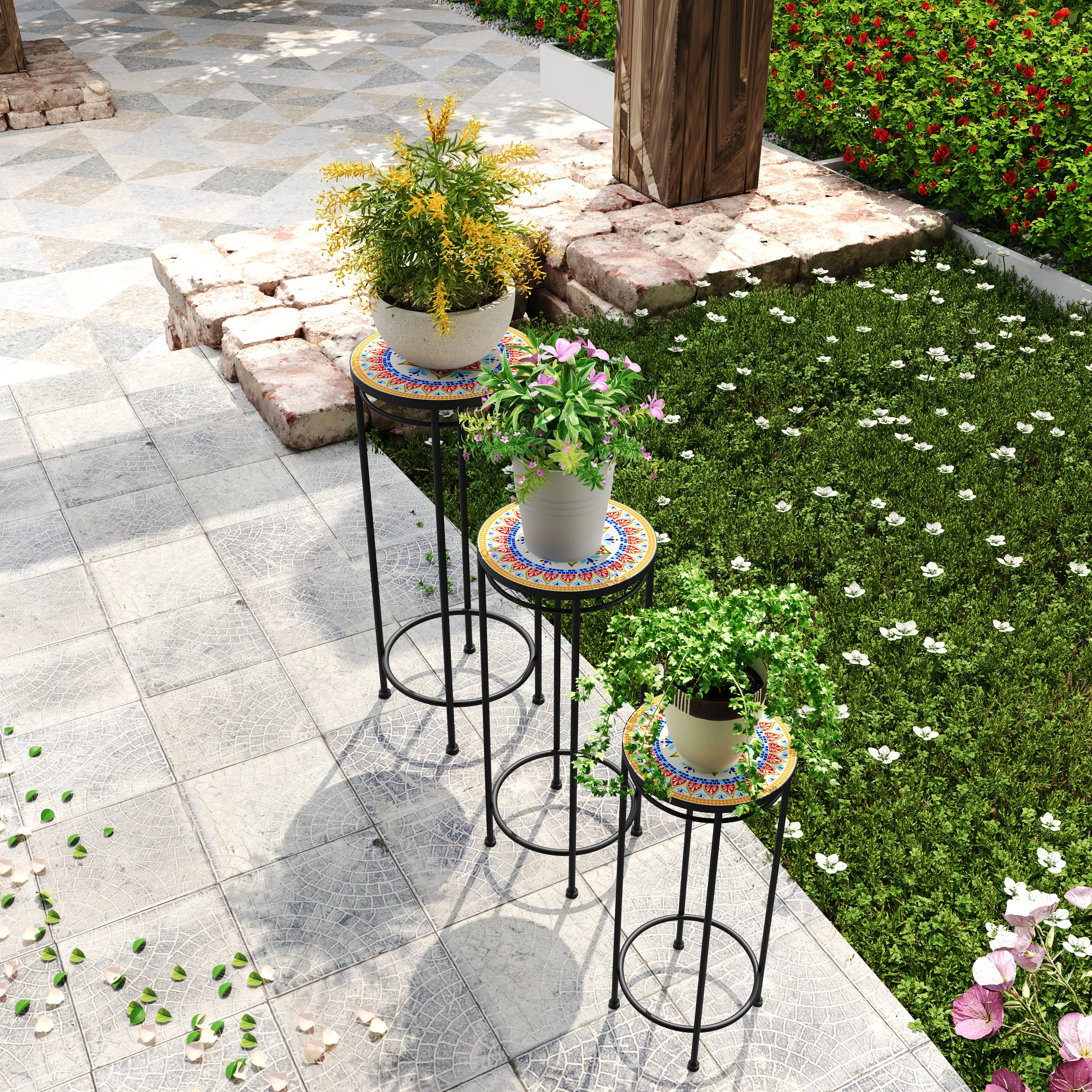 Salamande Outdoor Patio Plant Stands, Ceramic Tile, Iron, Set of 3