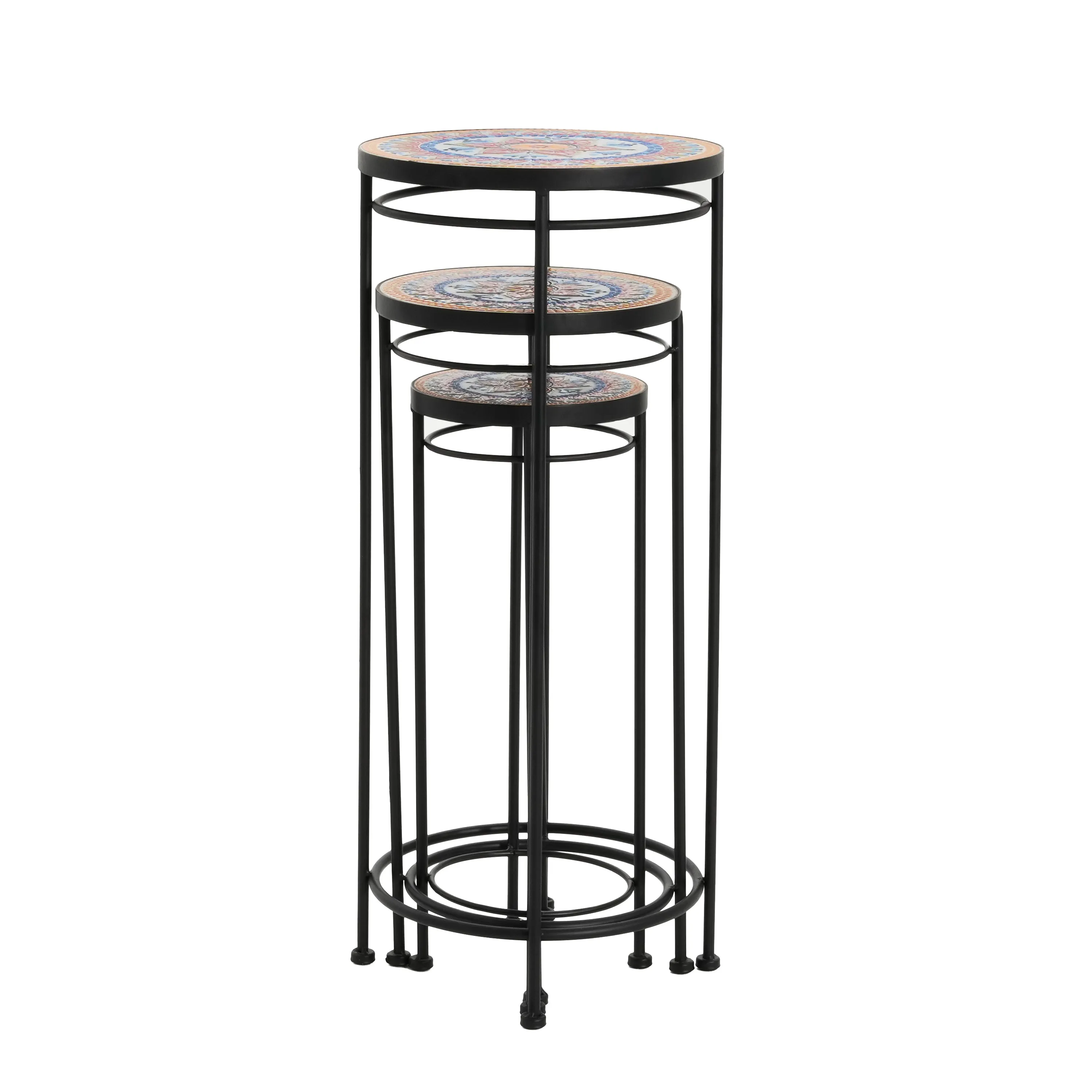 Salamande Outdoor Patio Plant Stands, Ceramic Tile, Iron, Set of 3