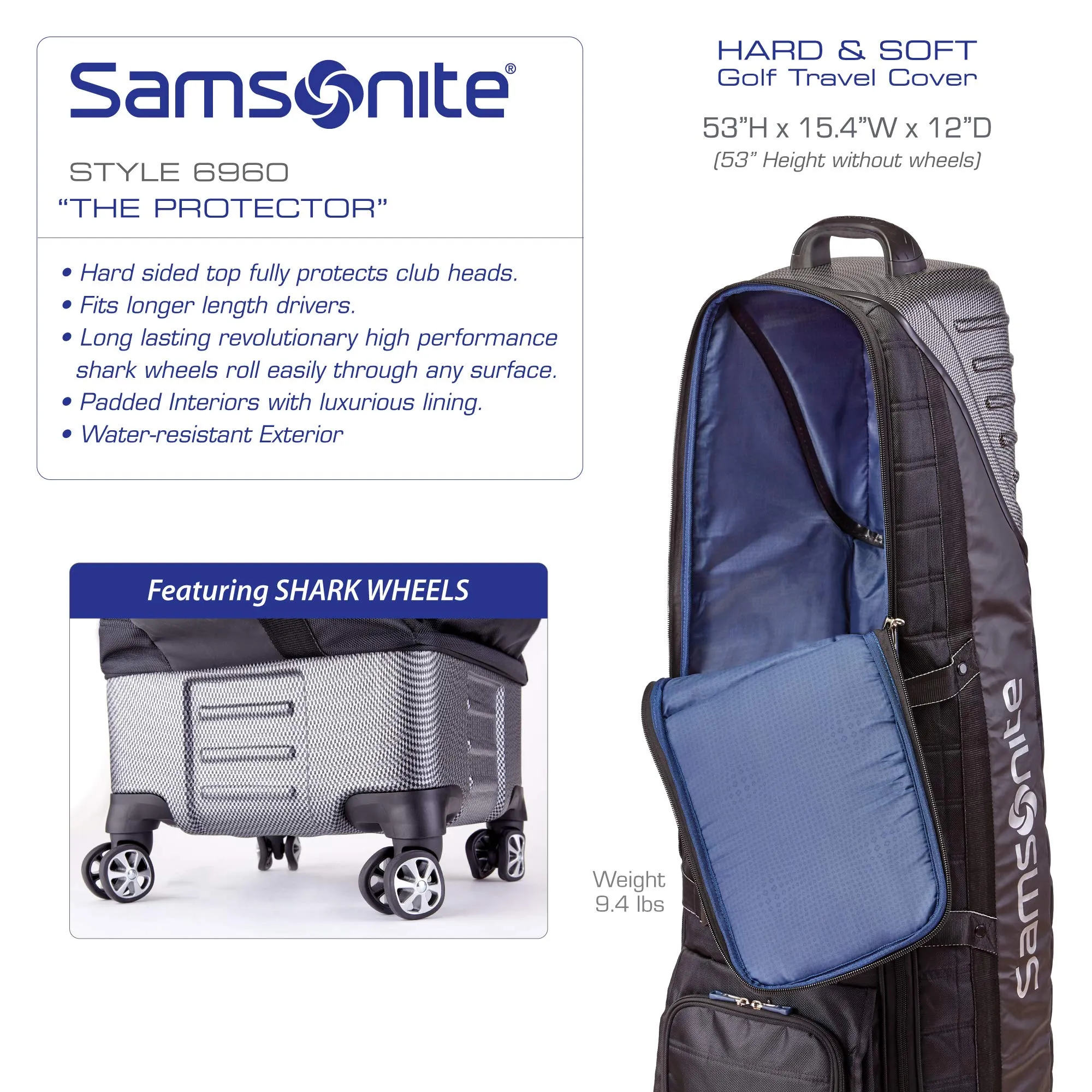 Samsonite "The Protector Hardside and Softside Golf Travel Bag with Shark Wheels Bags Samsonite