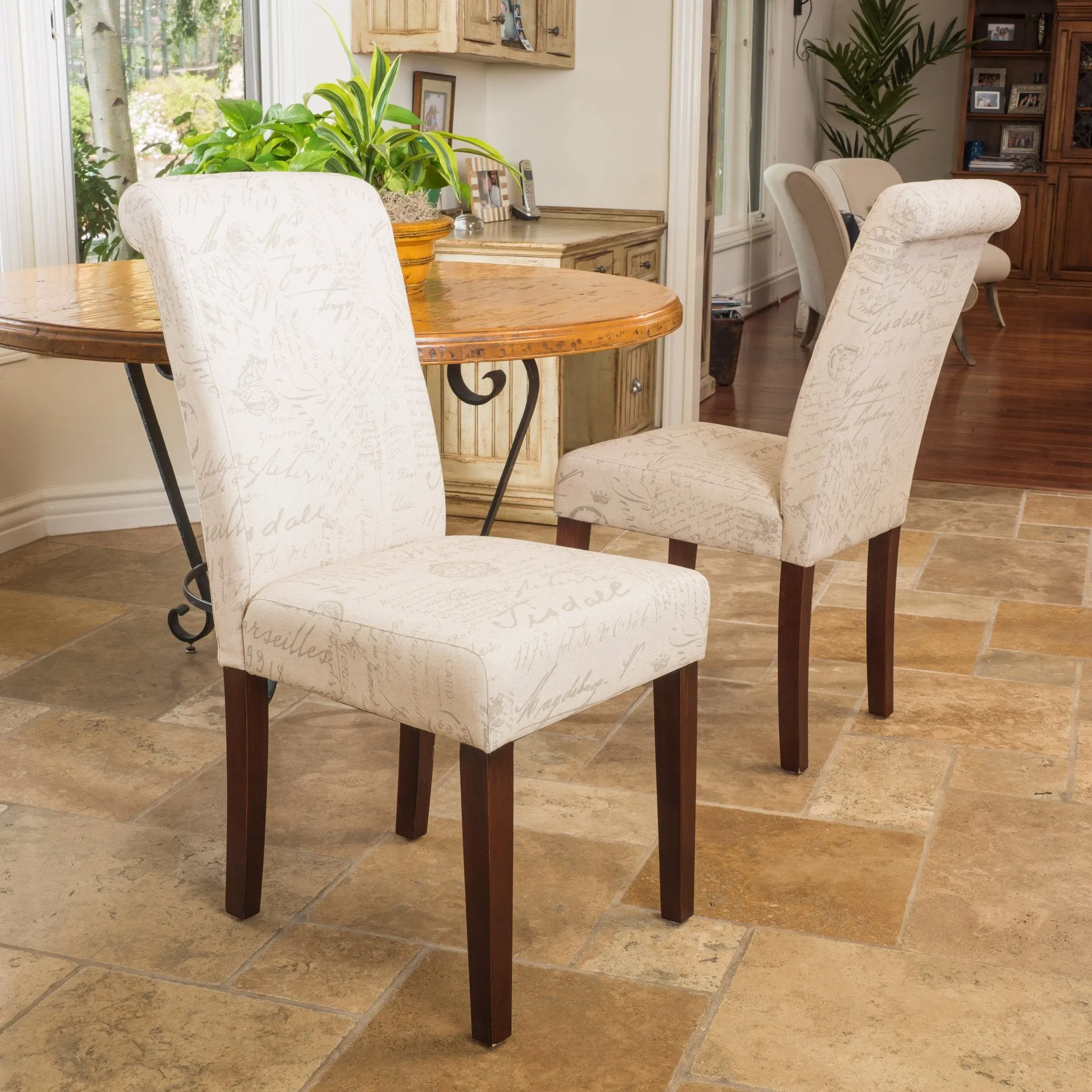 Script Printed Beige Linen Dining Chairs (Set of 2) - NH109432 dining table set, 6-piece dining set