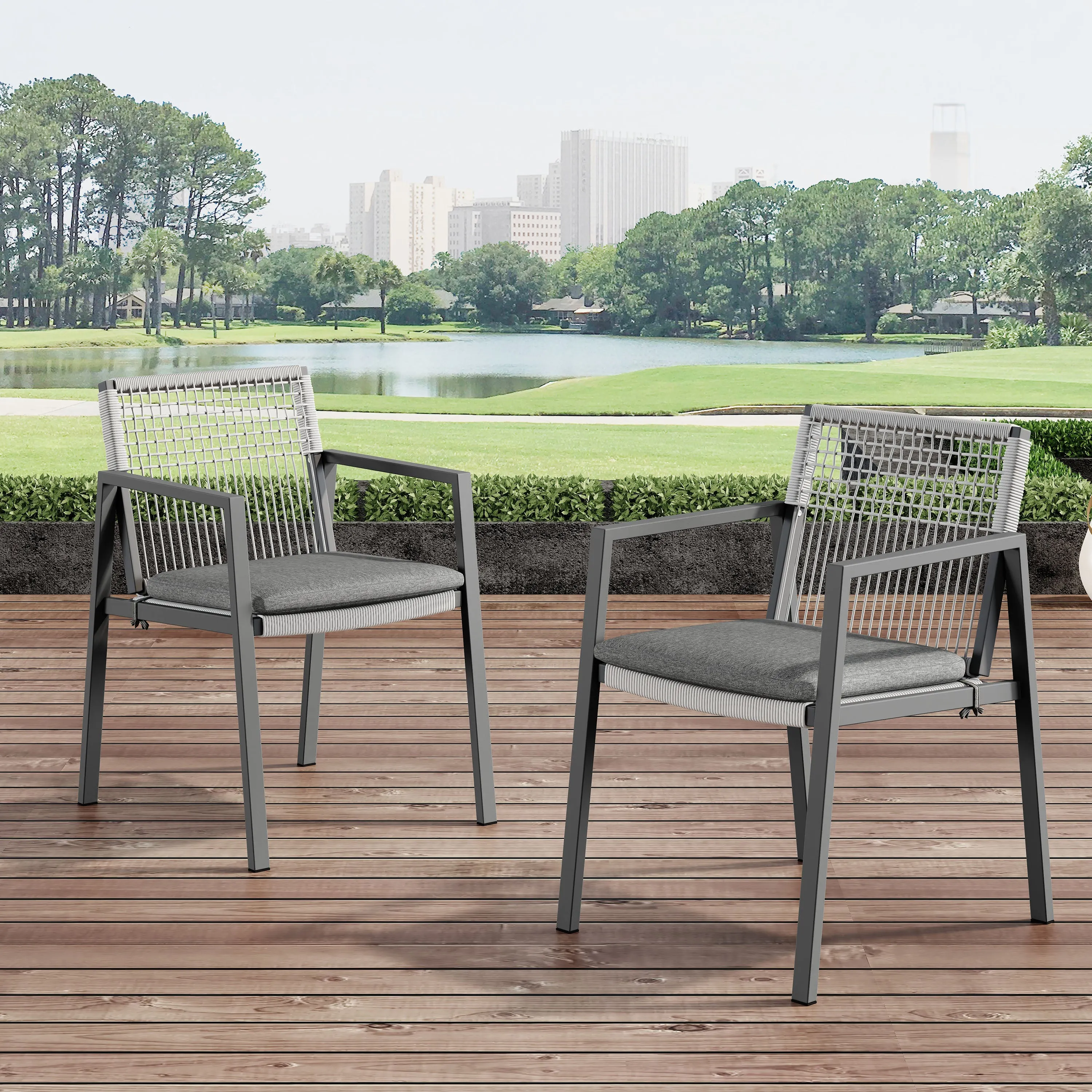 Set of 2 Modern Outdoor Rope Weave Dining Chairs with Aluminum Frame chandelier, pendant light