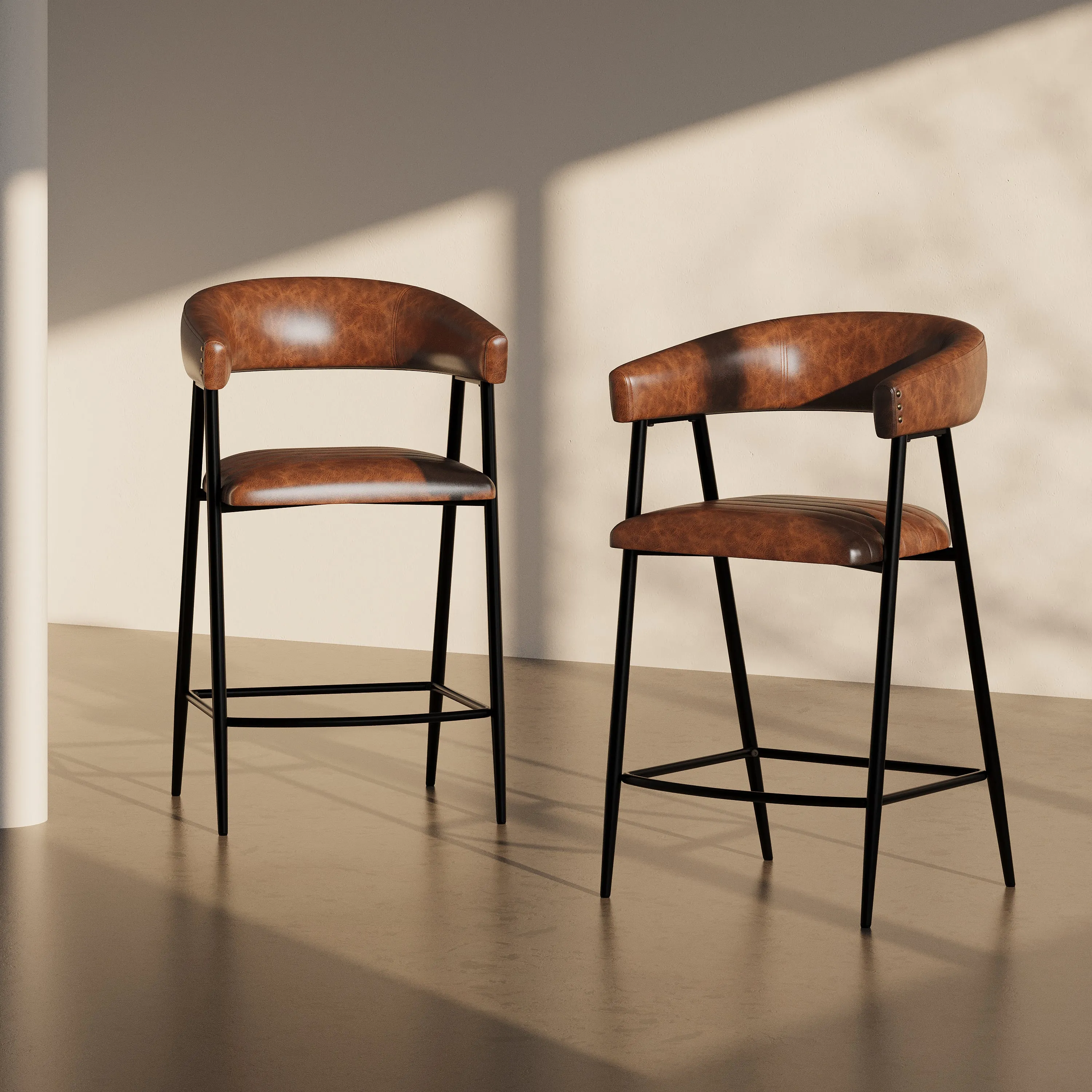 Set of 2 Modern PU Leather Counter Stools  Brown Upholstery