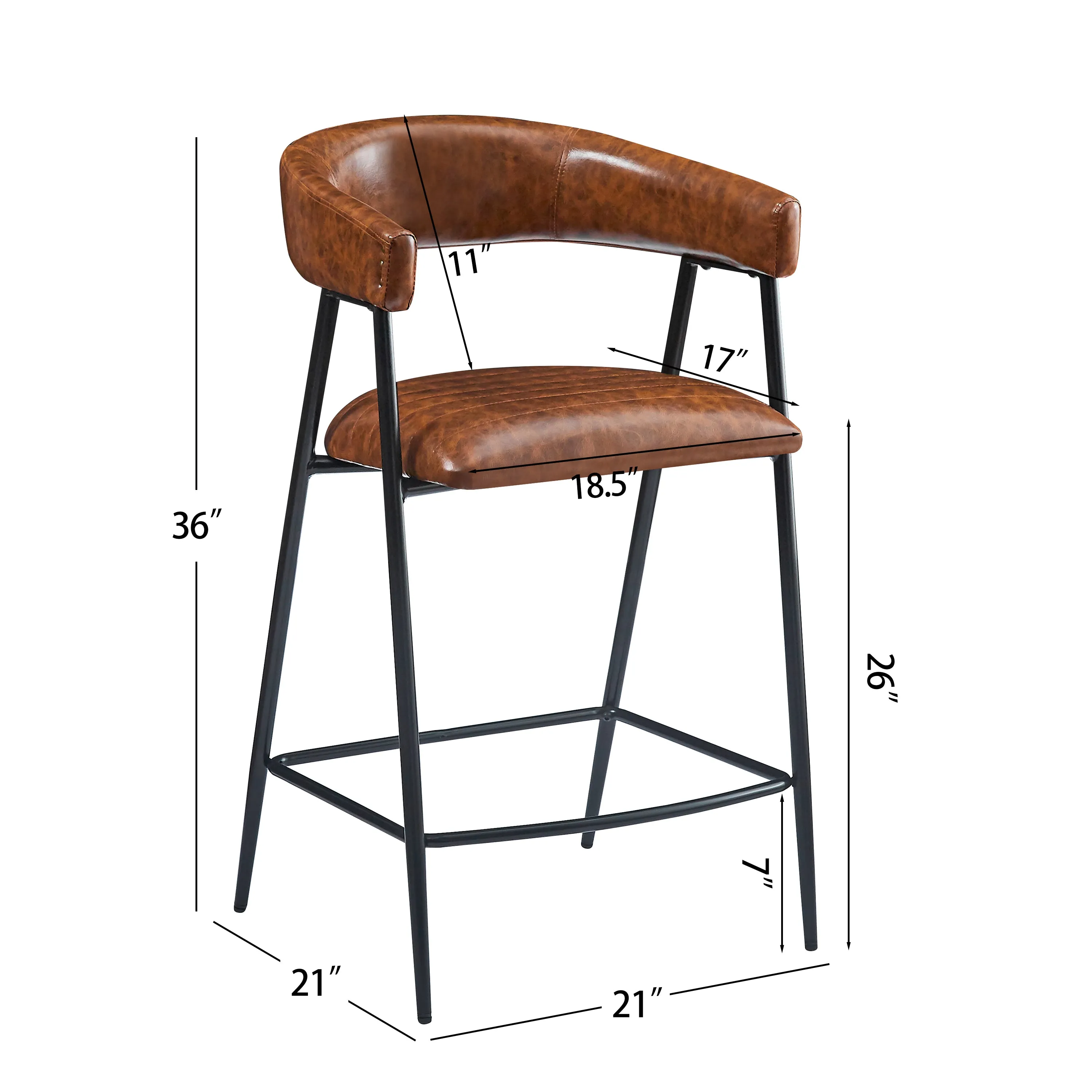 Set of 2 Modern PU Leather Counter Stools  Brown Upholstery