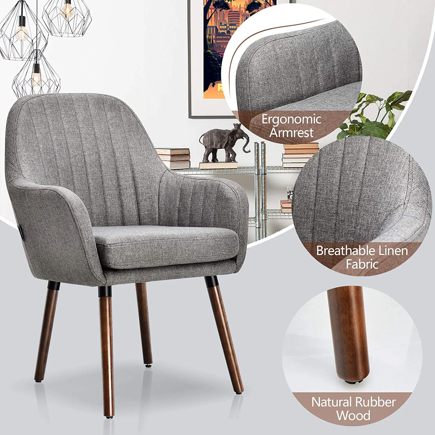 Set of 2 or 4 Fabric Dining Chairs, Accent Upholstered Arm Chair w/Wood Legs