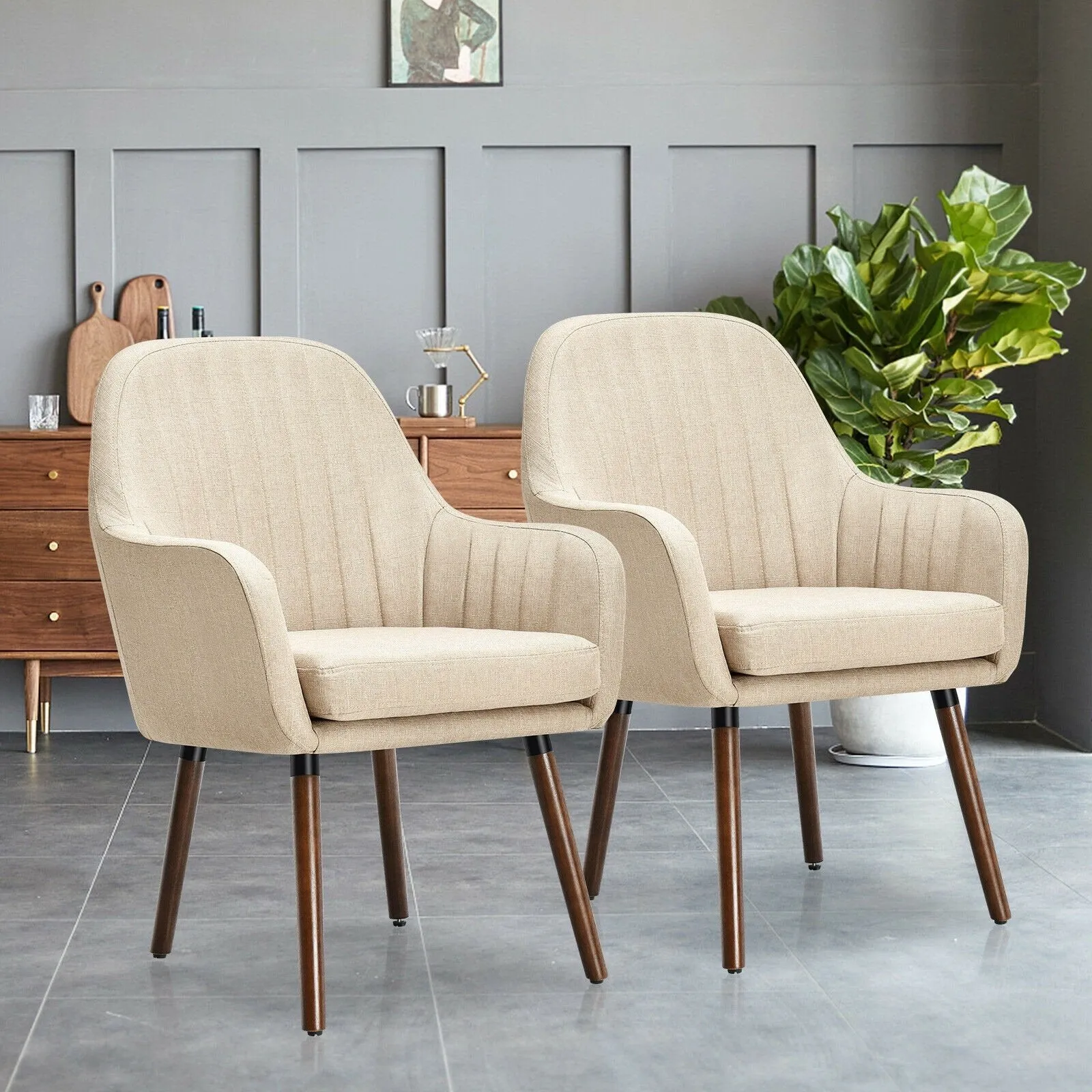 Set of 2 or 4 Fabric Dining Chairs, Accent Upholstered Arm Chair w/Wood Legs