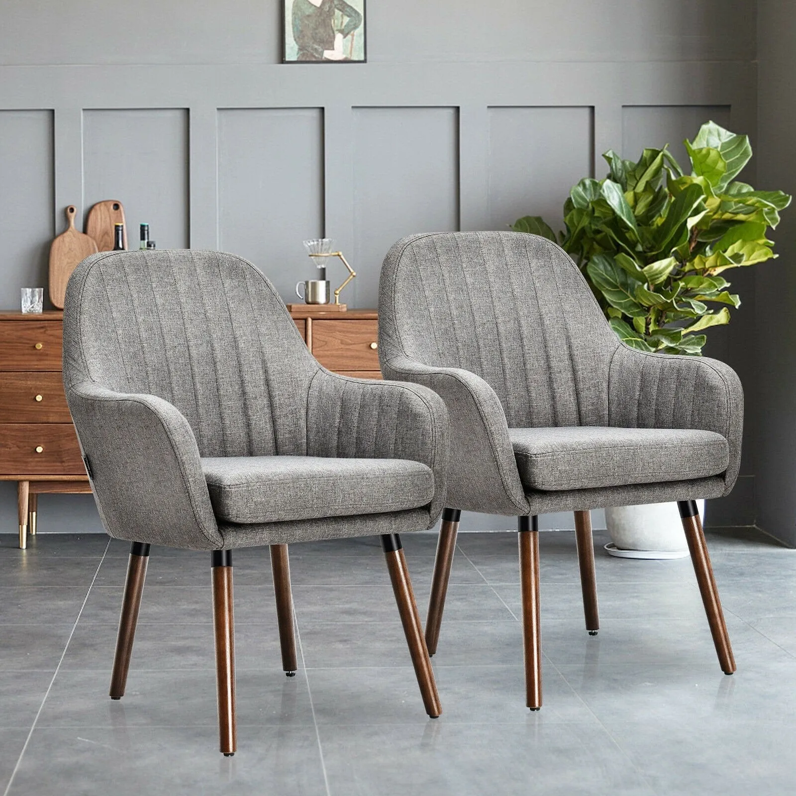 Set of 2 or 4 Fabric Dining Chairs, Accent Upholstered Arm Chair w/Wood Legs