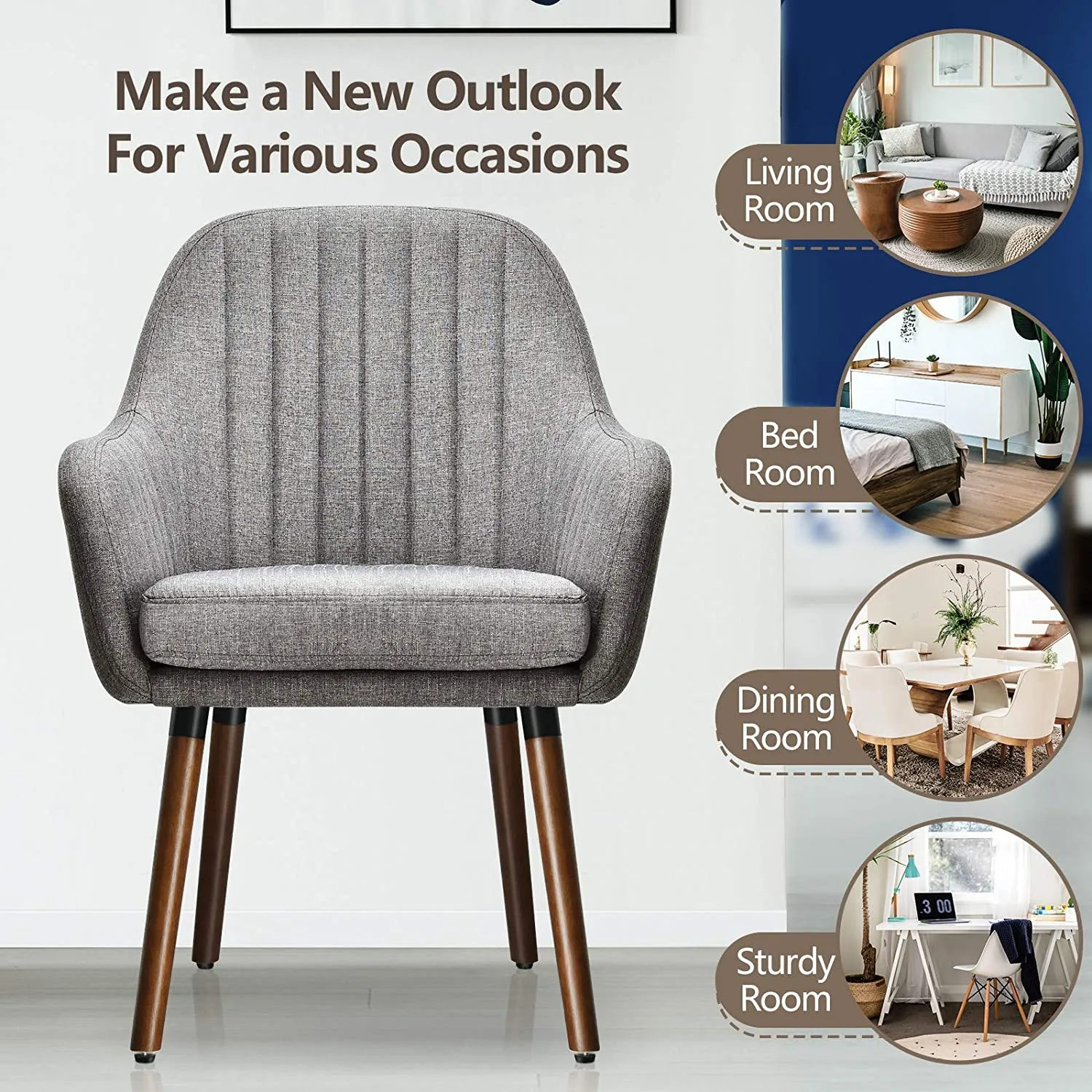 Set of 2 or 4 Fabric Dining Chairs, Accent Upholstered Arm Chair w/Wood Legs