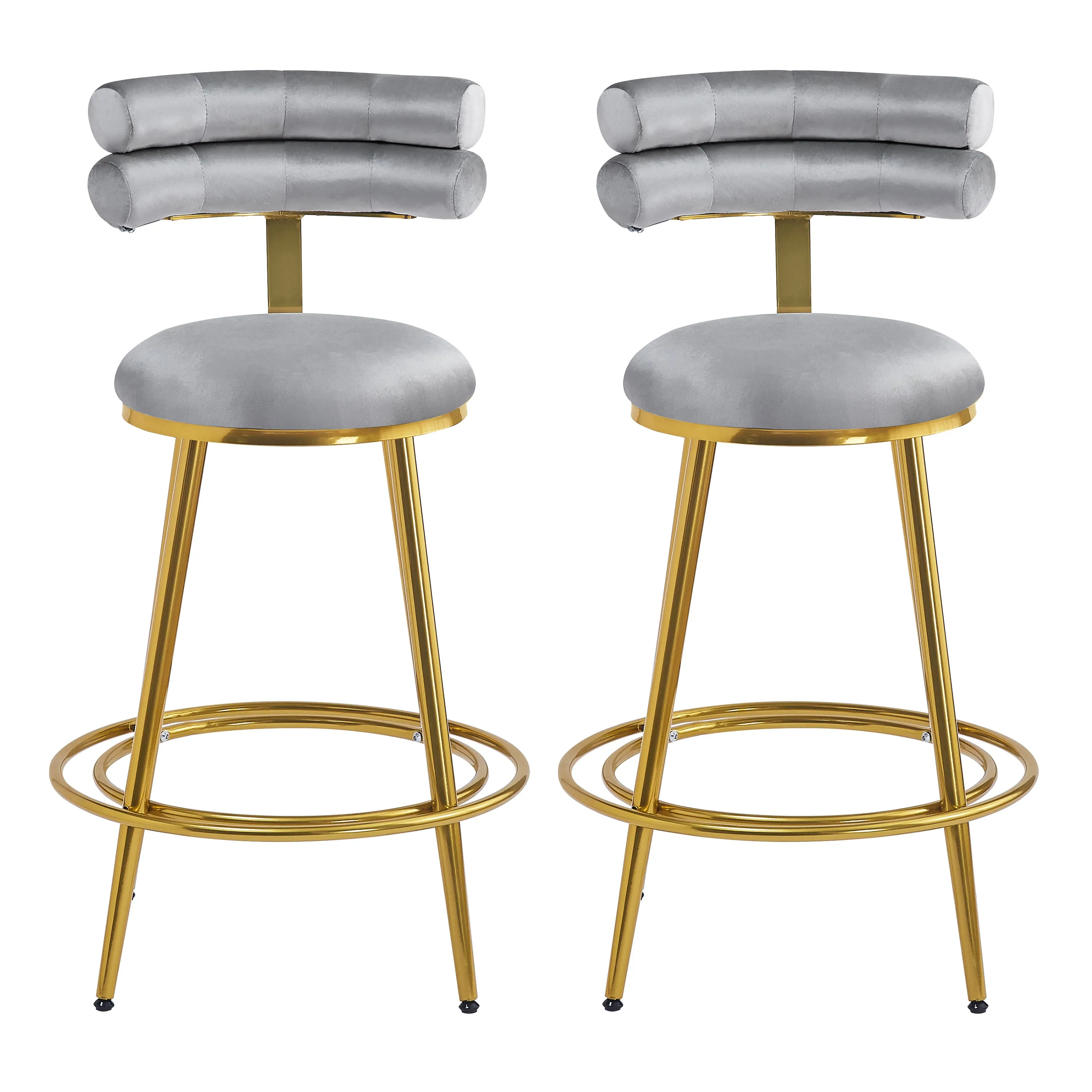 Set of 2 Velvet Counter Stools  Dark Grey Upholstery, Round Cushion