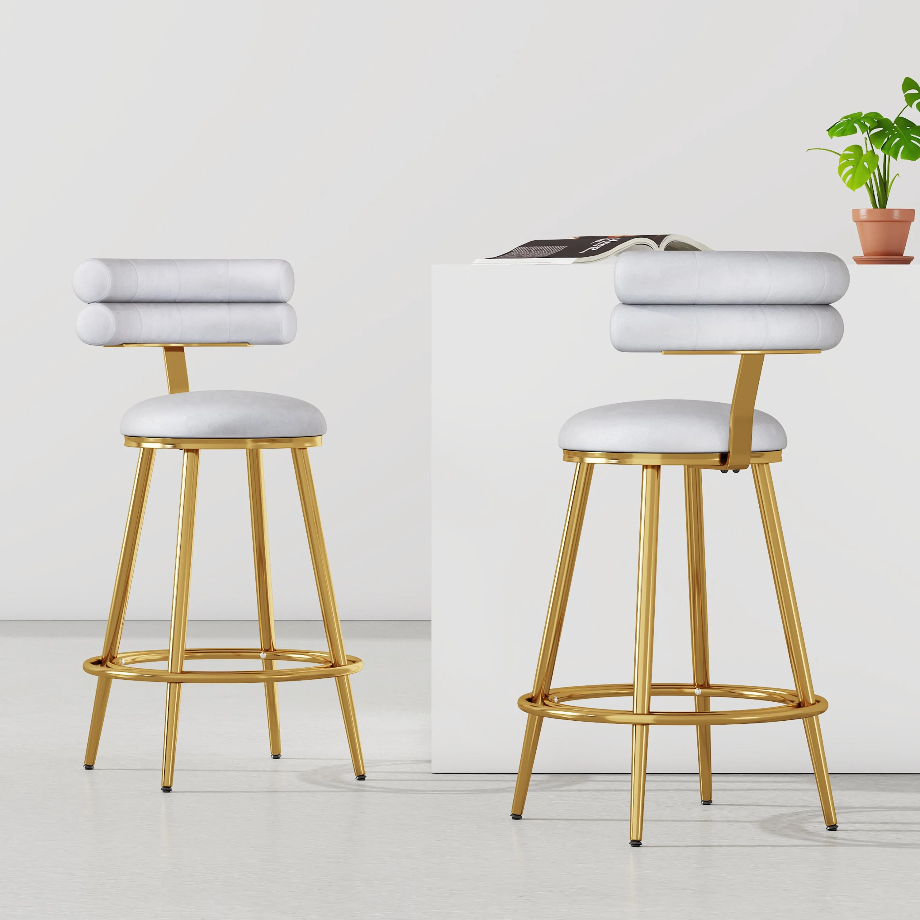 Set of 2 Velvet Counter Stools  Dark Grey Upholstery, Round Cushion
