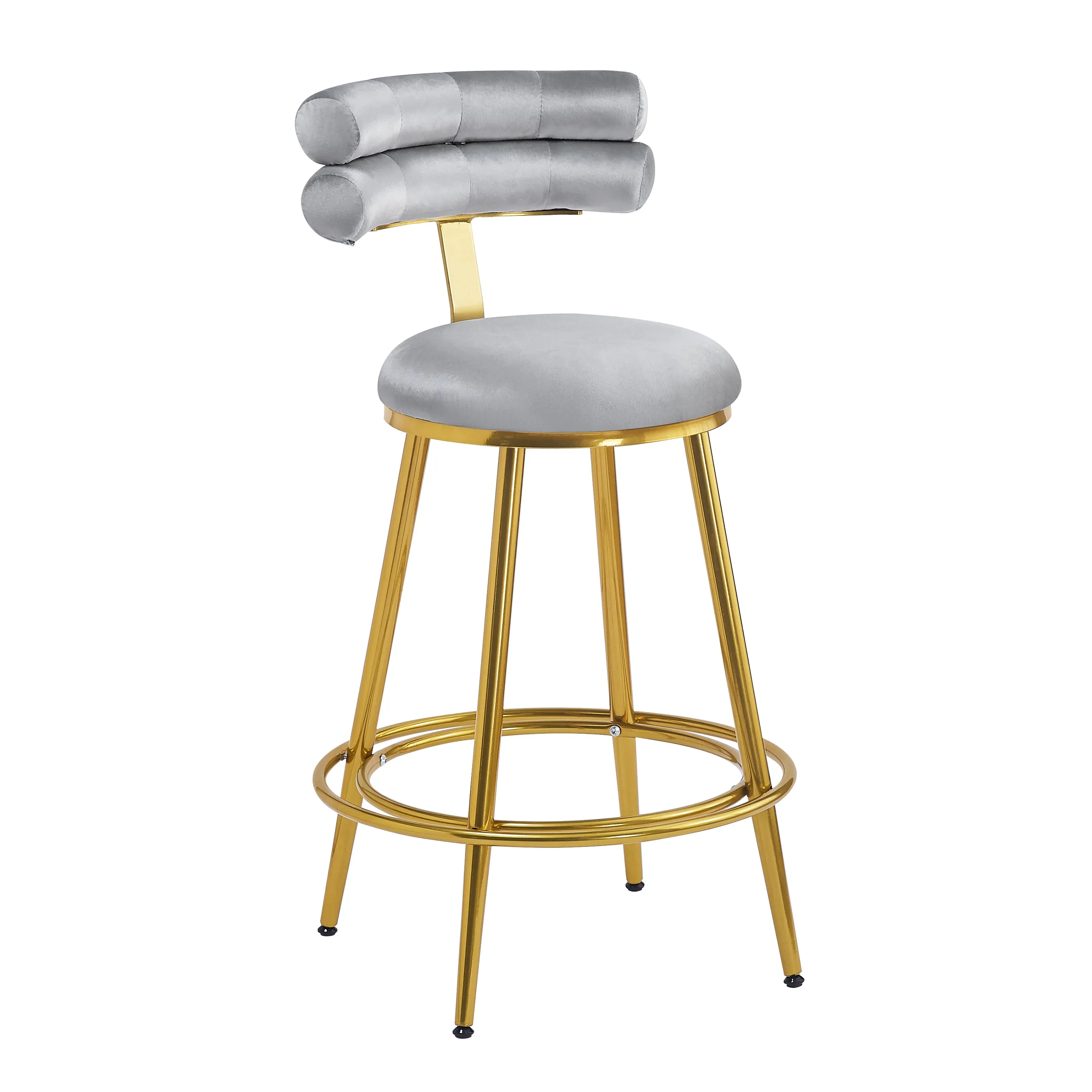 Set of 2 Velvet Counter Stools  Dark Grey Upholstery, Round Cushion
