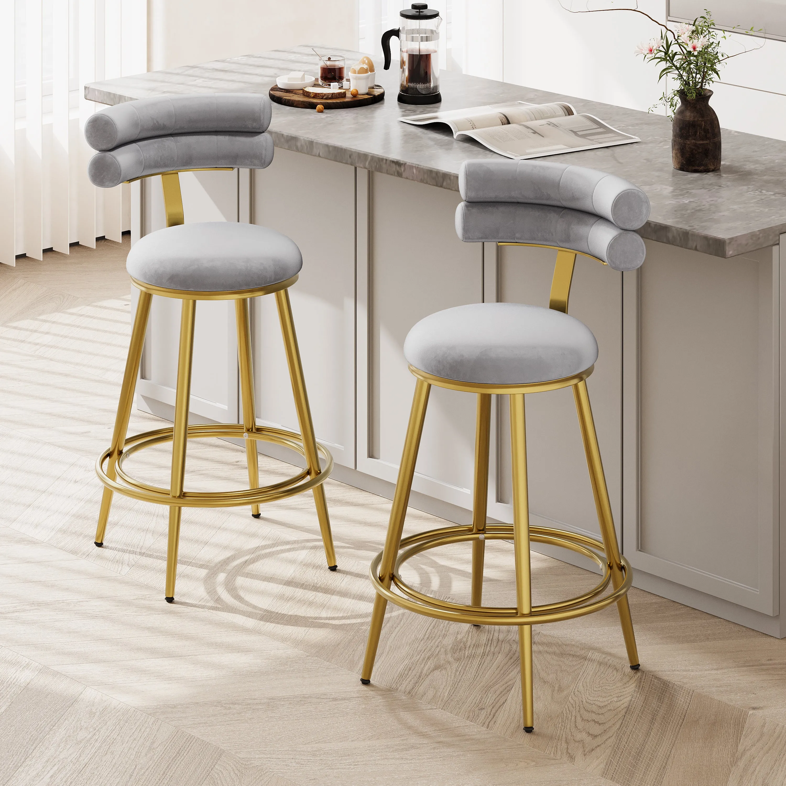 Set of 2 Velvet Counter Stools  Dark Grey Upholstery, Round Cushion