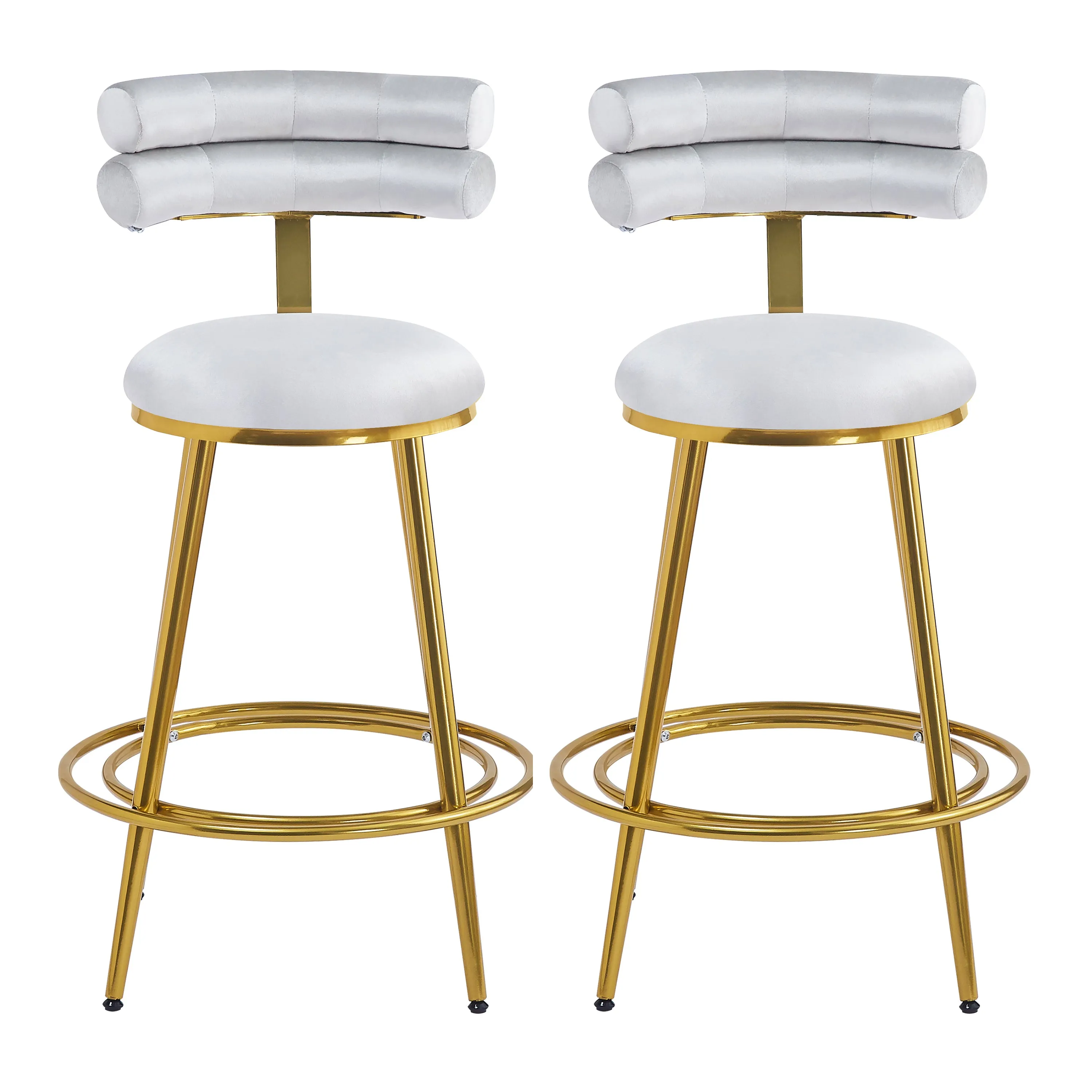 Set of 2 Velvet Counter Stools  Dark Grey Upholstery, Round Cushion
