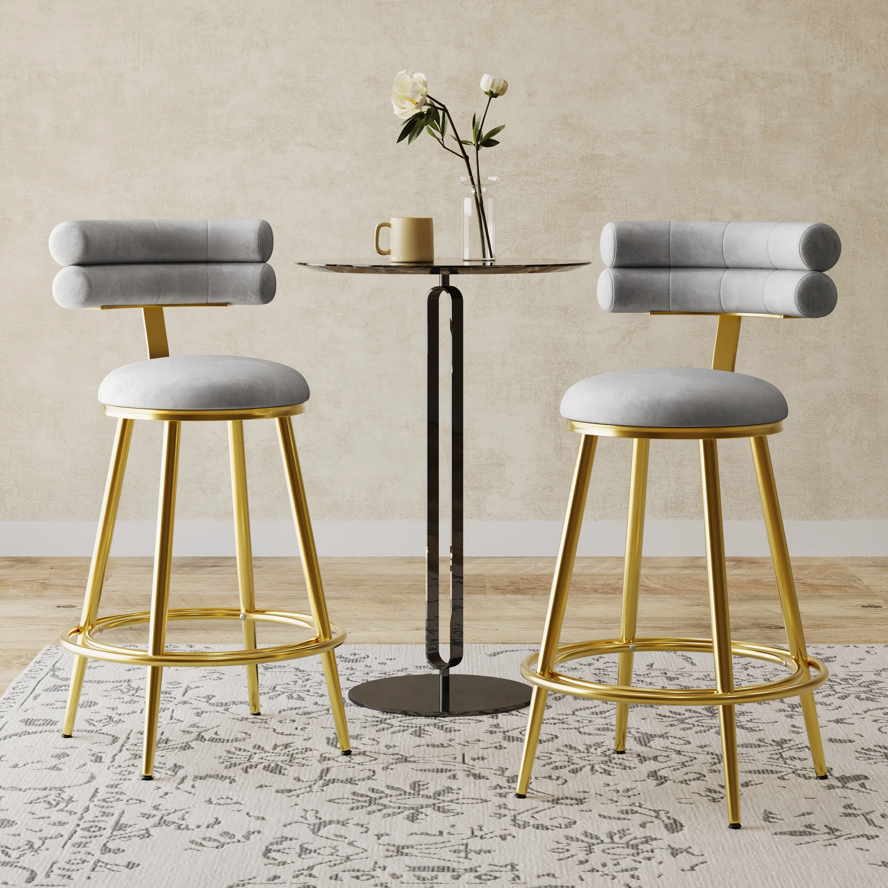 Set of 2 Velvet Counter Stools  Dark Grey Upholstery, Round Cushion bar stool, counter stool