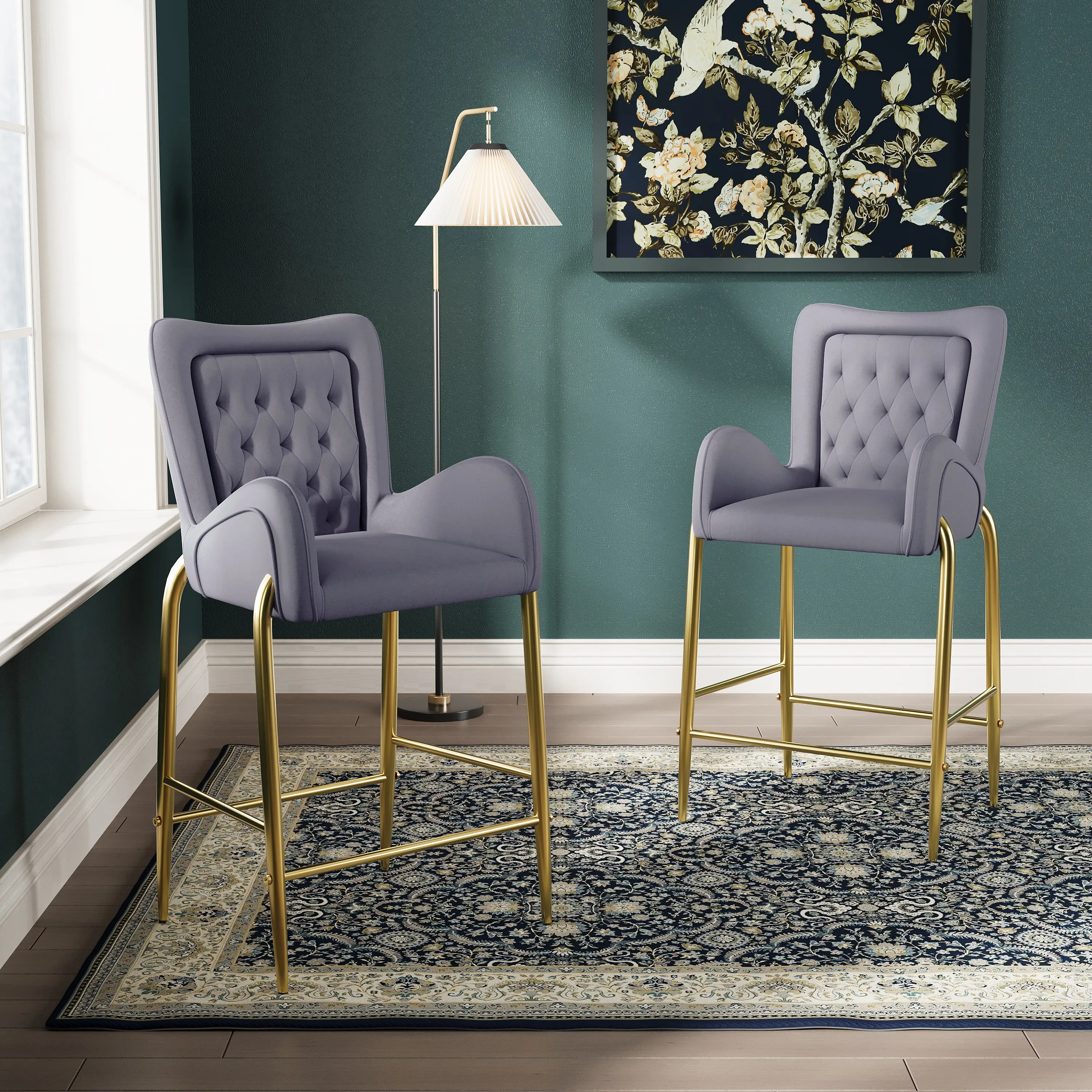 Set of 2 Velvet Counter Stools Tufted Bar Chairs Gold Frame