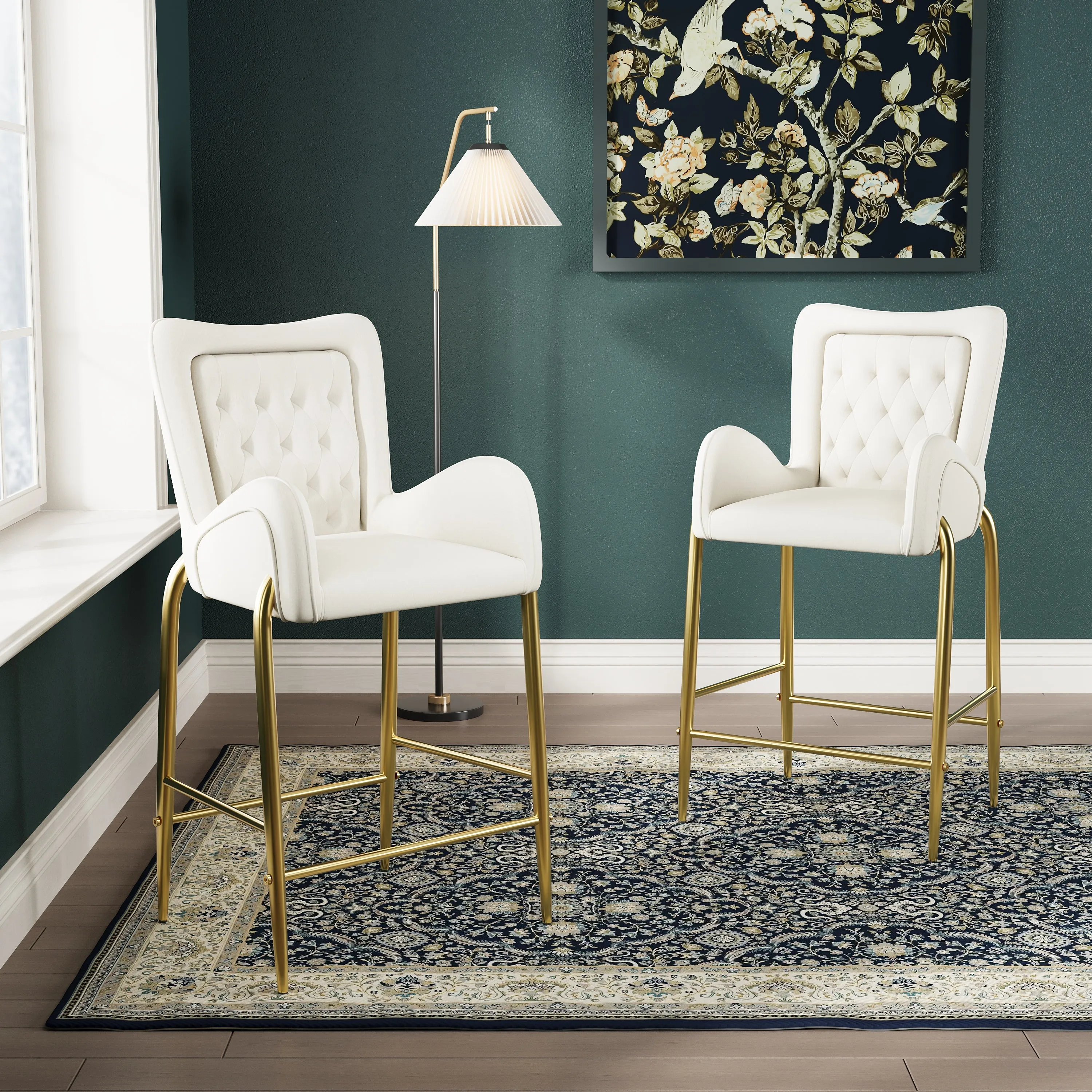 Set of 2 Velvet Counter Stools Tufted Bar Chairs Gold Frame bar stool, counter stool