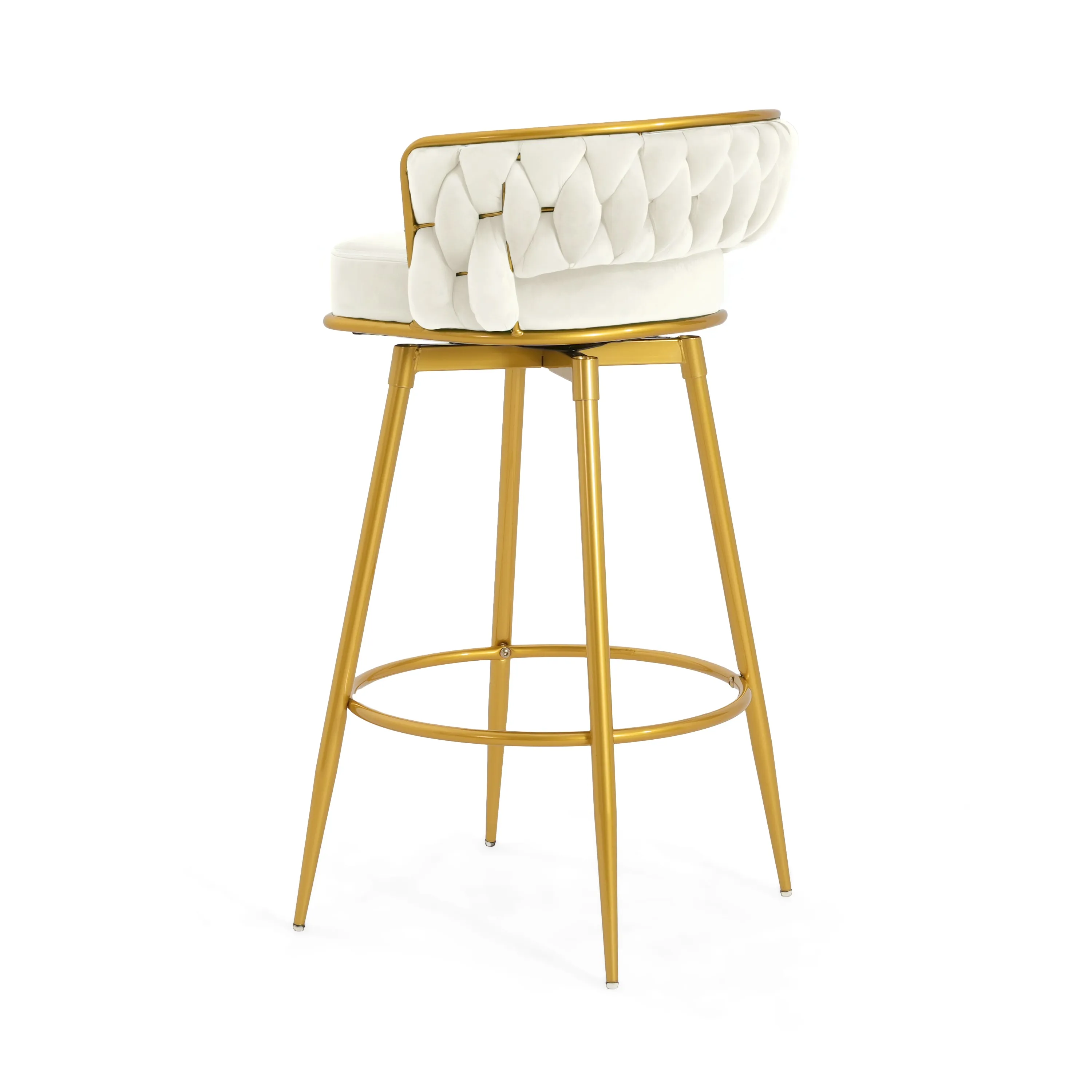 Set of 2 Velvet Swivel Bar Stools 180 Gold Frame w/ Woven Back & Footrest