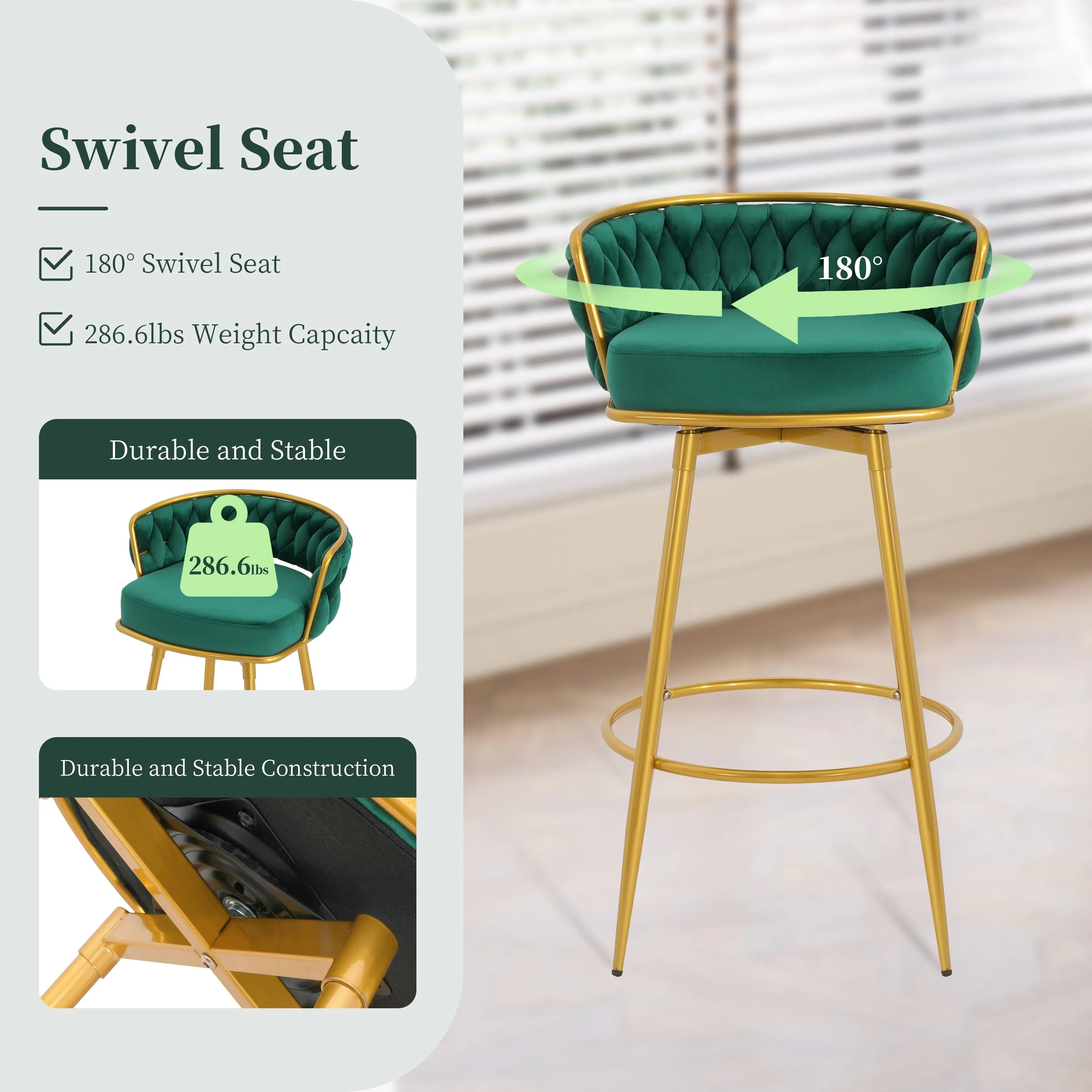 Set of 2 Velvet Swivel Bar Stools 180 Gold Frame w/ Woven Back & Footrest