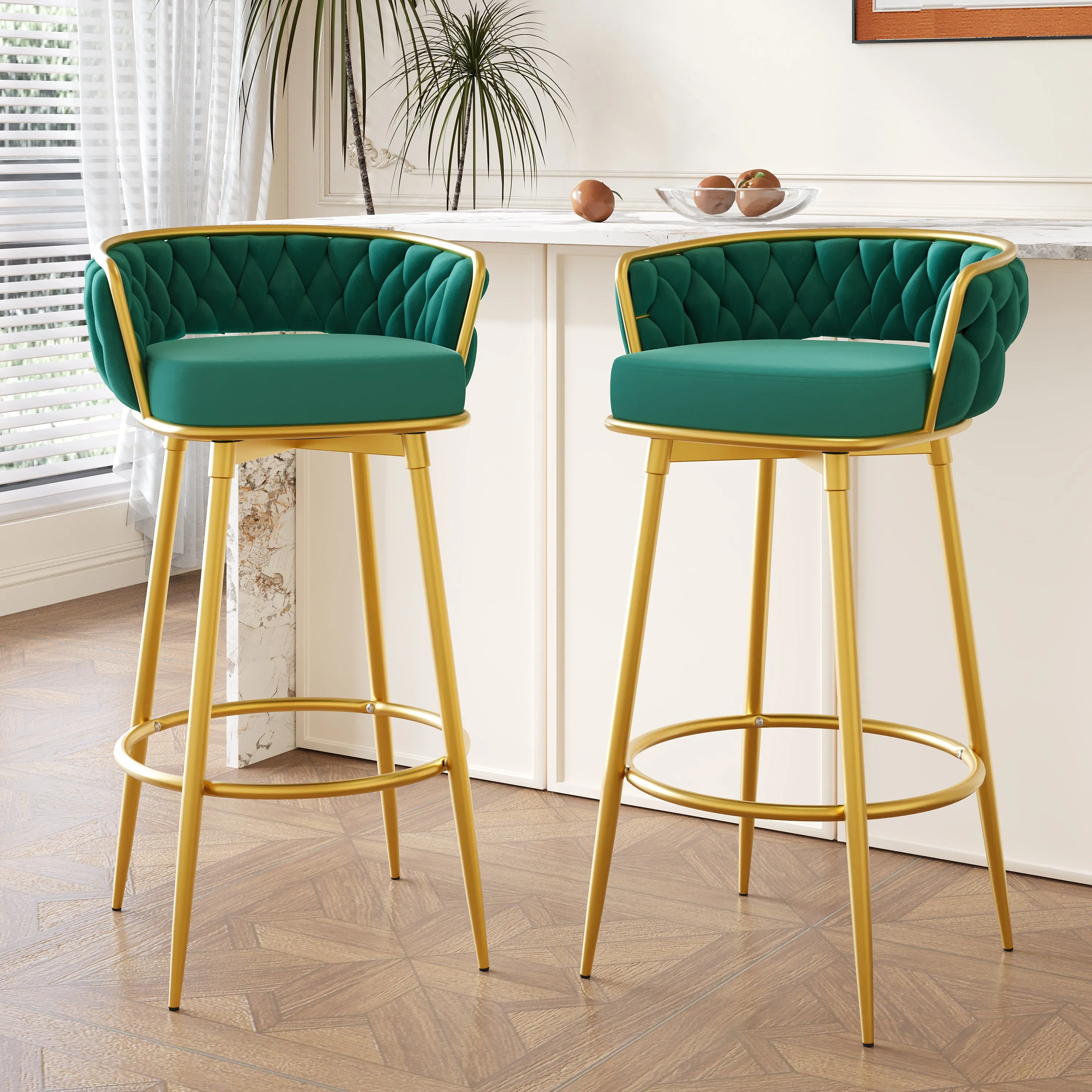 Set of 2 Velvet Swivel Bar Stools 180 Gold Frame w/ Woven Back & Footrest bar stool, counter stool