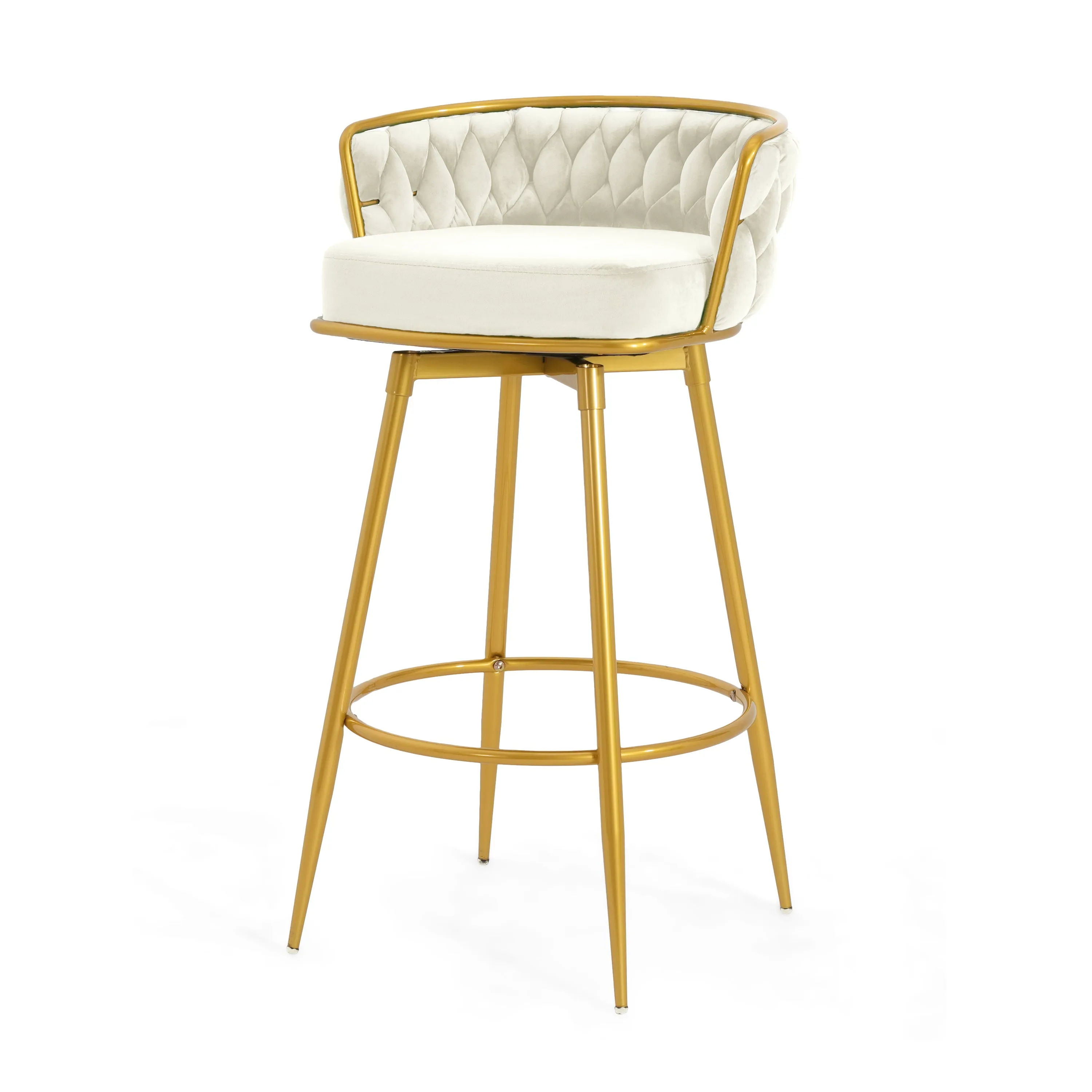 Set of 2 Velvet Swivel Bar Stools 180 Gold Frame w/ Woven Back & Footrest
