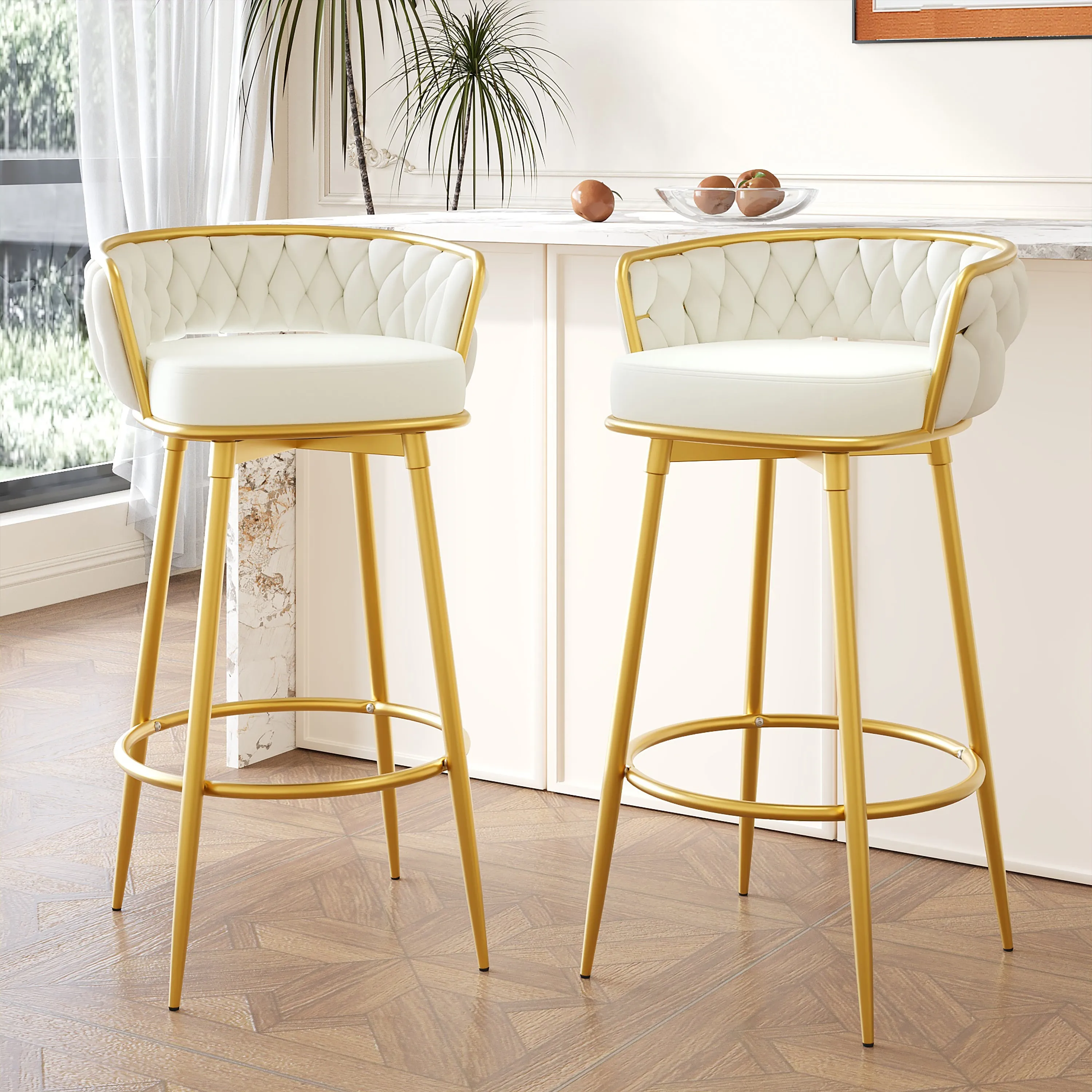 Set of 2 Velvet Swivel Bar Stools 180 Gold Frame w/ Woven Back & Footrest