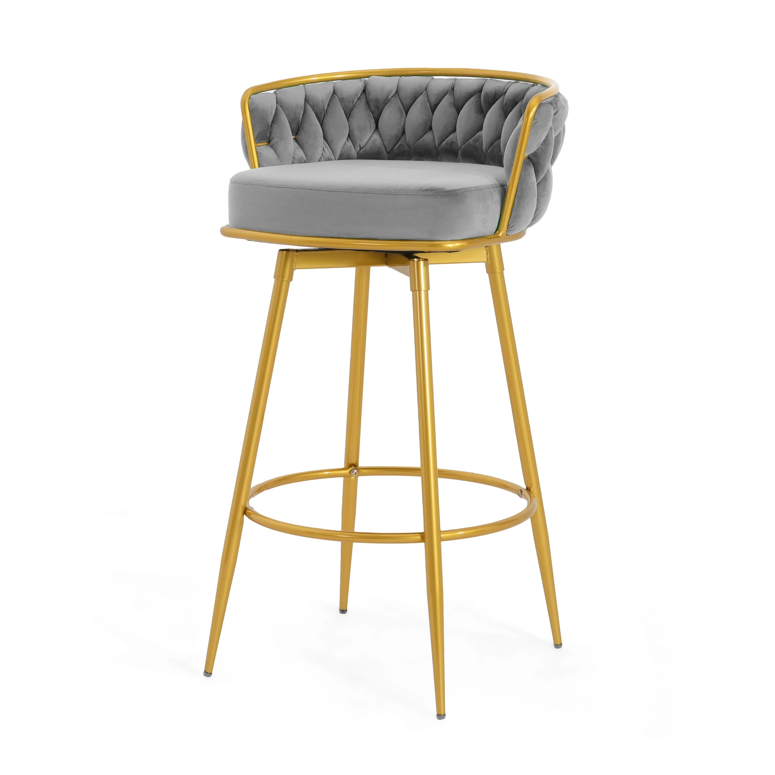 Set of 2 Velvet Swivel Bar Stools 180 Gold Frame w/ Woven Back & Footrest