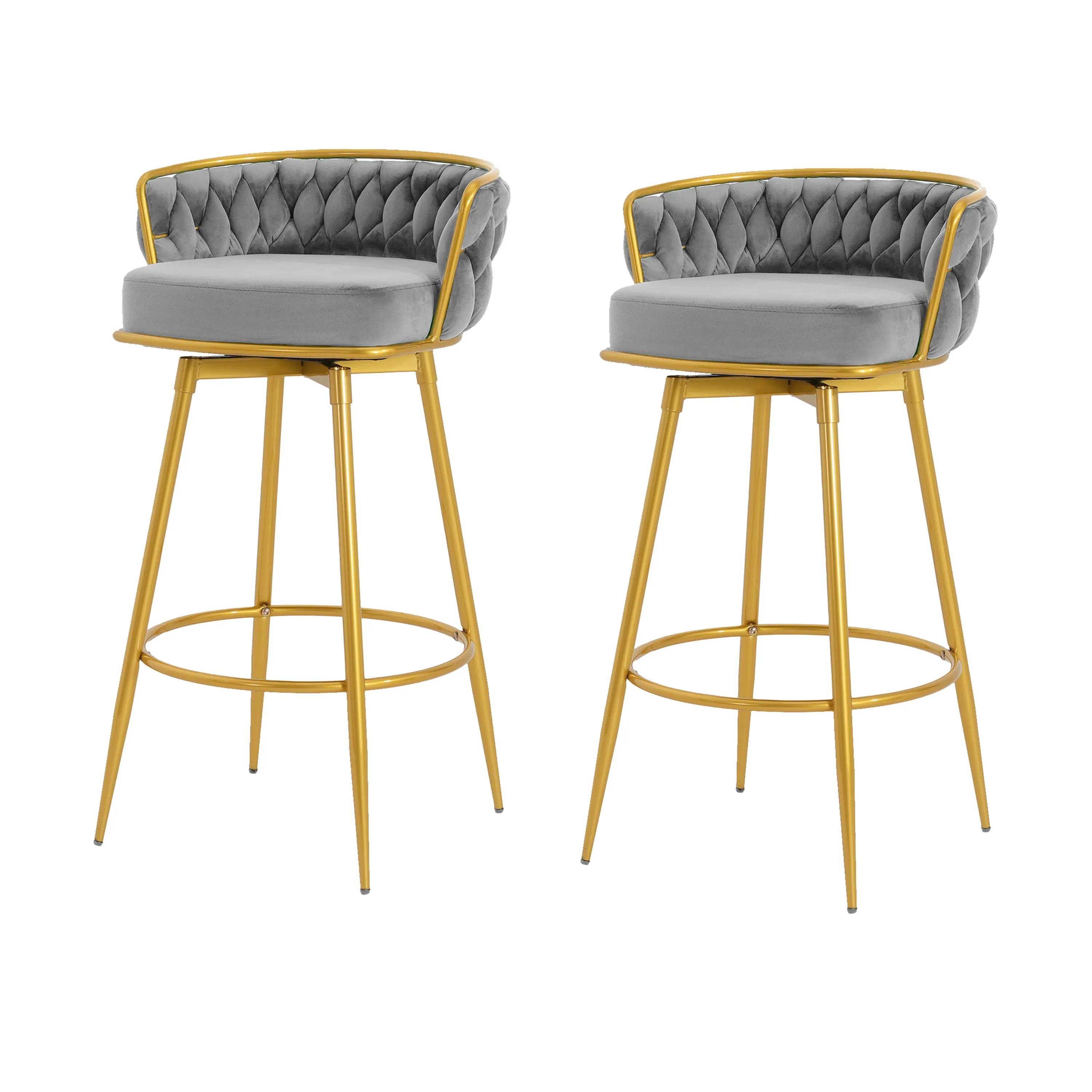 Set of 2 Velvet Swivel Bar Stools 180 Gold Frame w/ Woven Back & Footrest