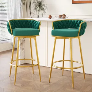 Set of 2 Velvet Swivel Bar Stools 180 Gold Frame w/ Woven Back & Footrest bar stool, counter stool