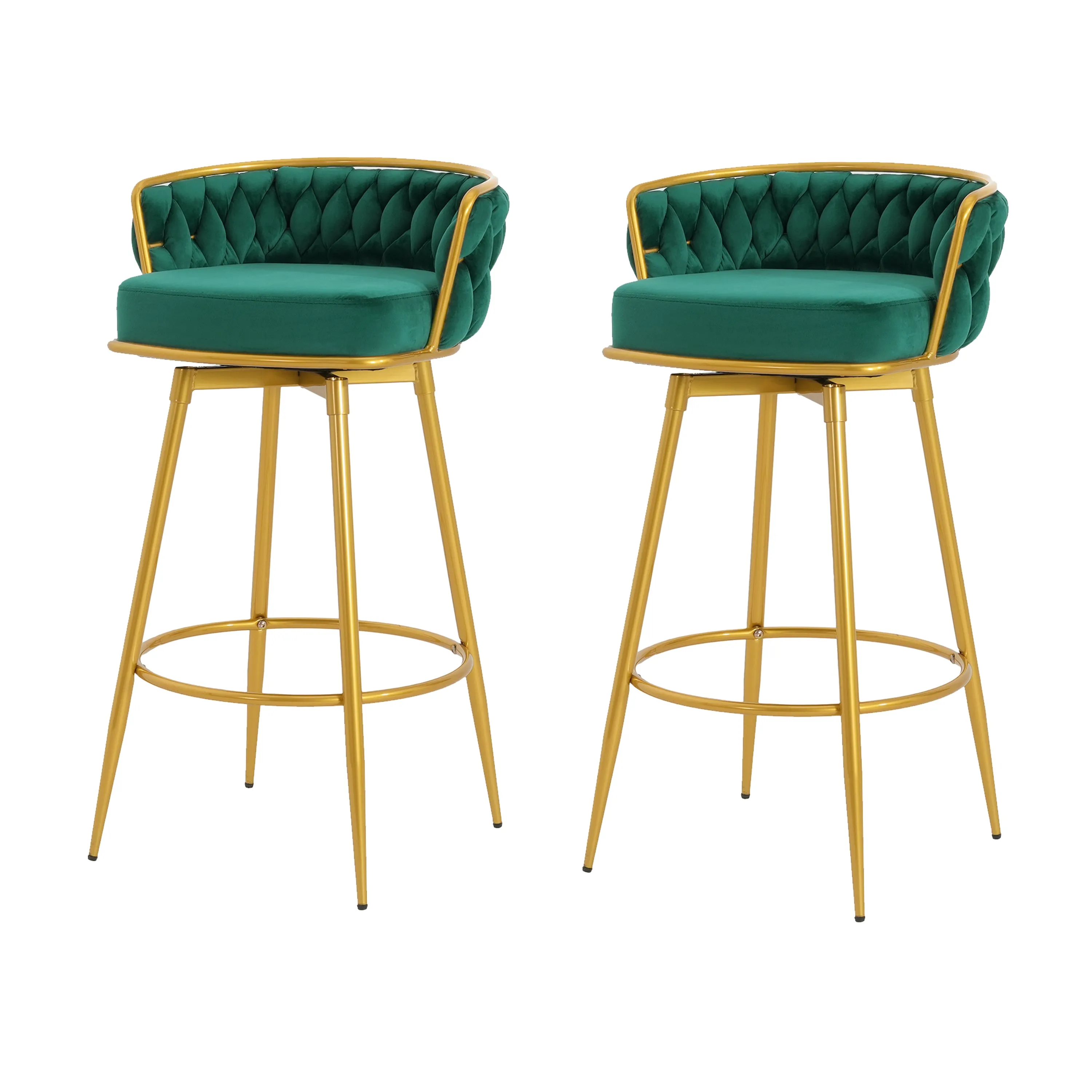 Set of 2 Velvet Swivel Bar Stools 180 Gold Frame w/ Woven Back & Footrest