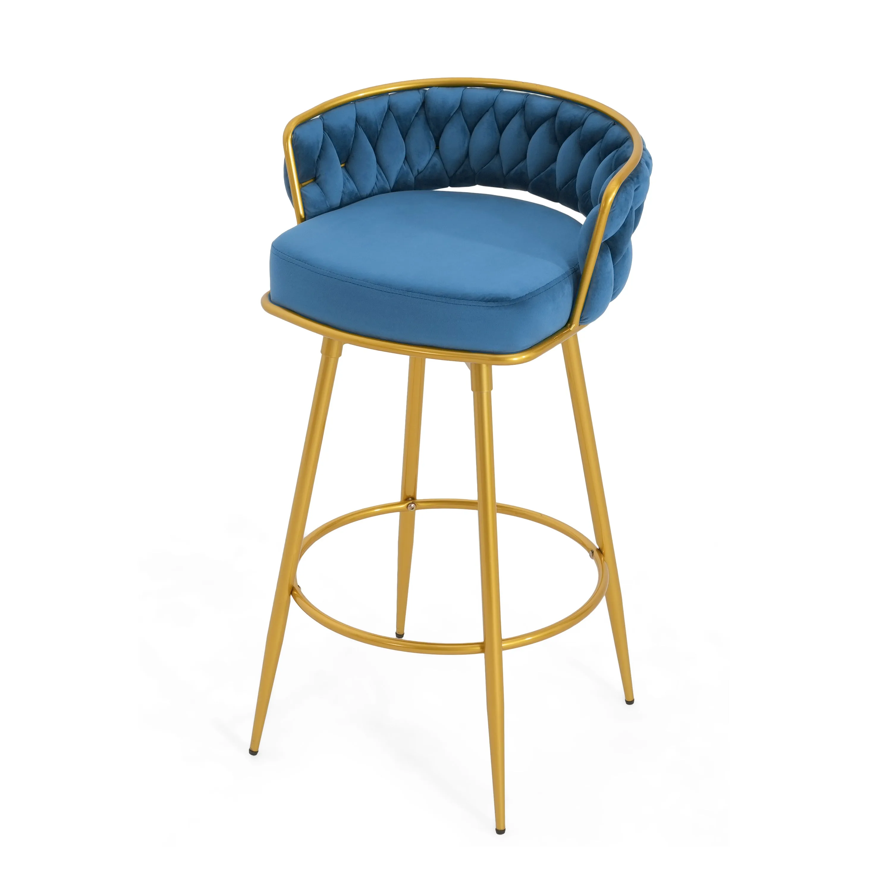 Set of 2 Velvet Swivel Bar Stools 180 Gold Frame w/ Woven Back & Footrest