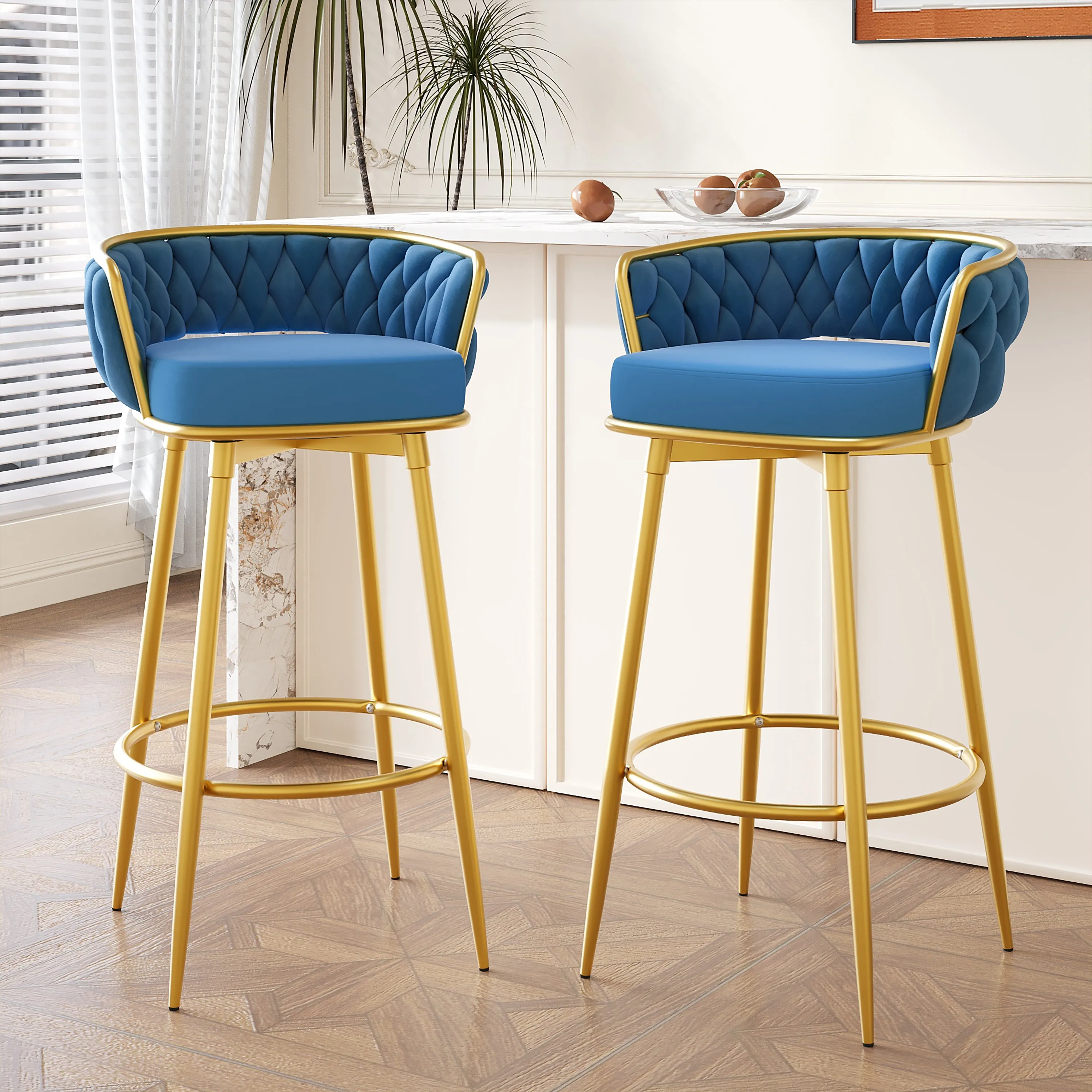 Set of 2 Velvet Swivel Bar Stools 180 Gold Frame w/ Woven Back & Footrest