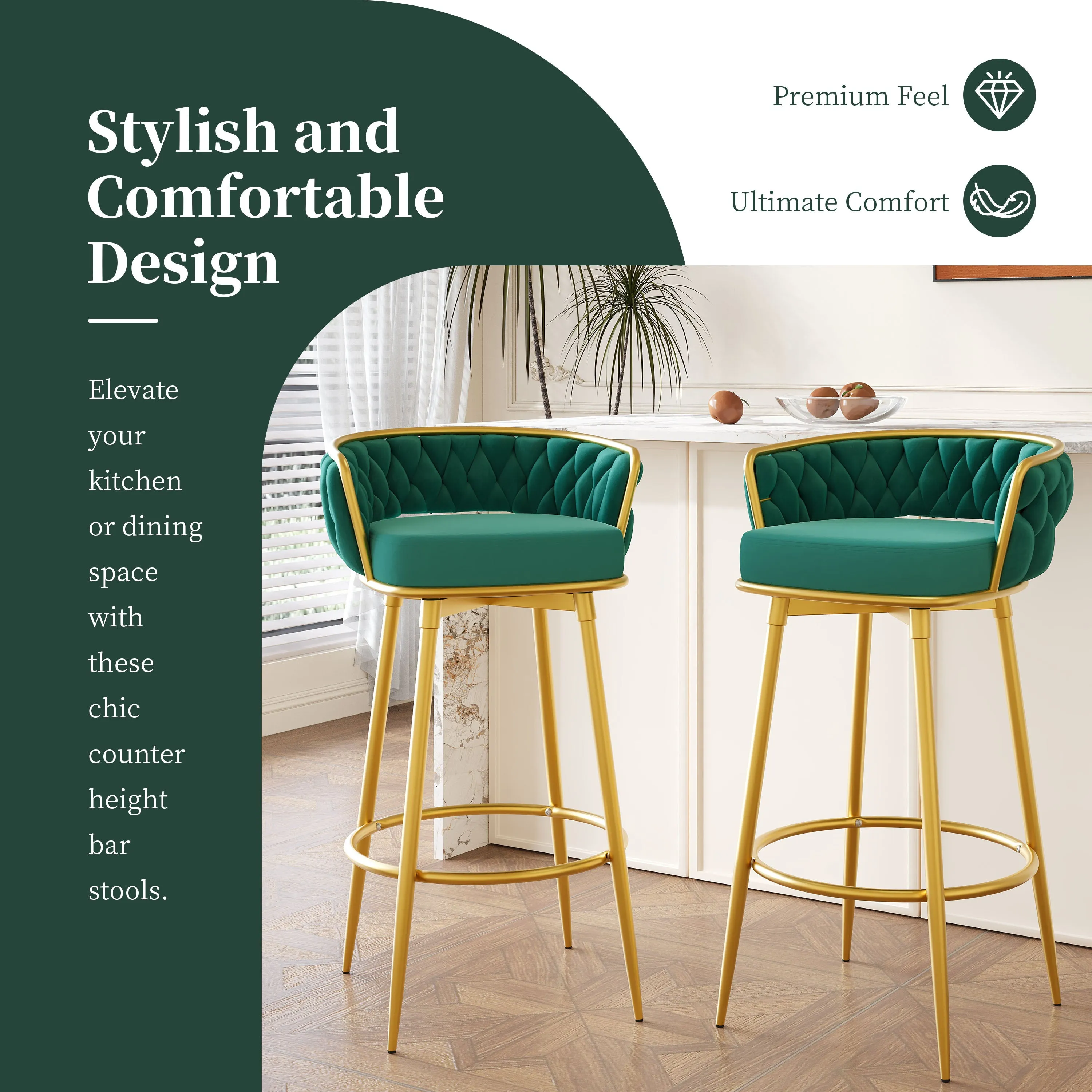 Set of 2 Velvet Swivel Bar Stools 180 Gold Frame w/ Woven Back & Footrest