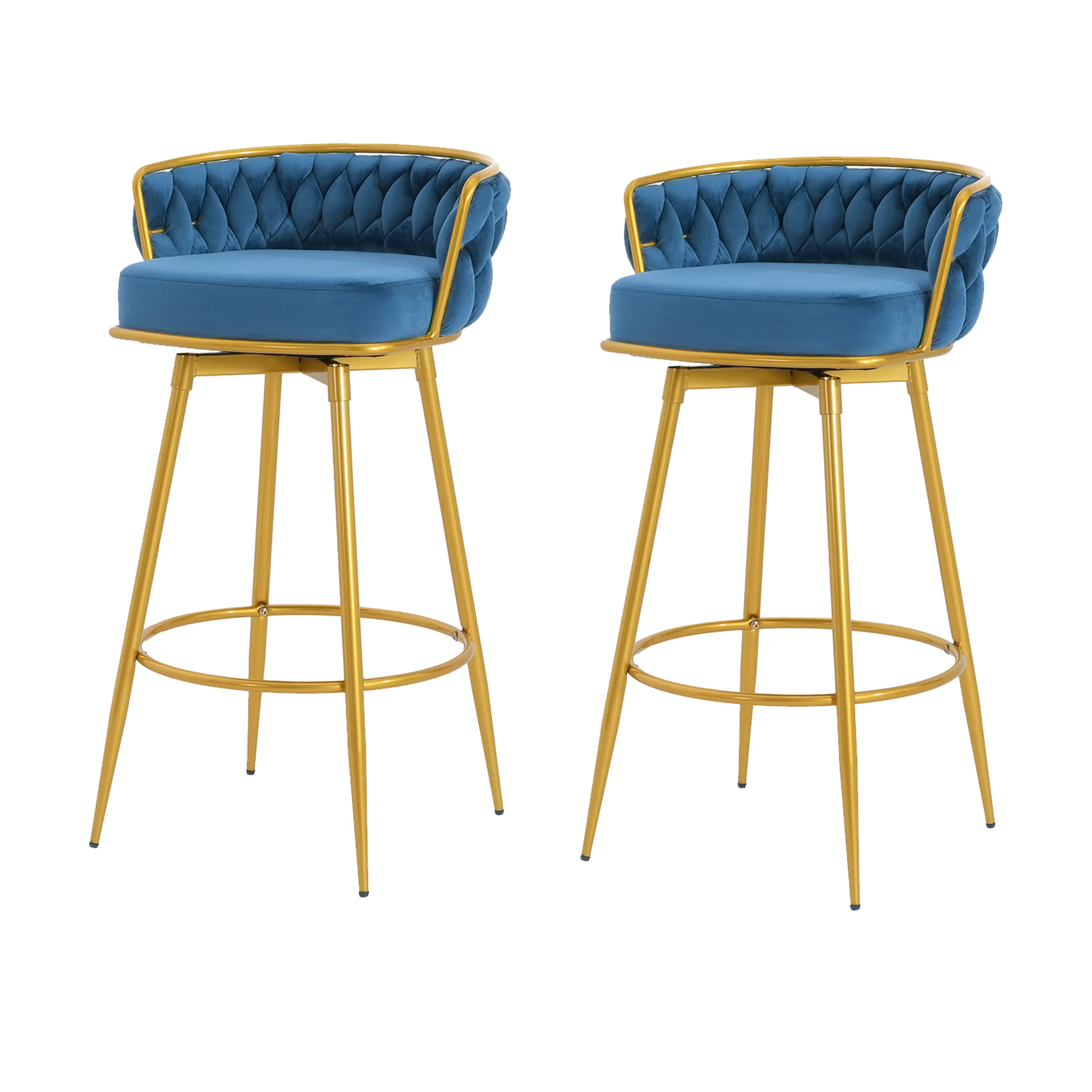 Set of 2 Velvet Swivel Bar Stools 180 Gold Frame w/ Woven Back & Footrest