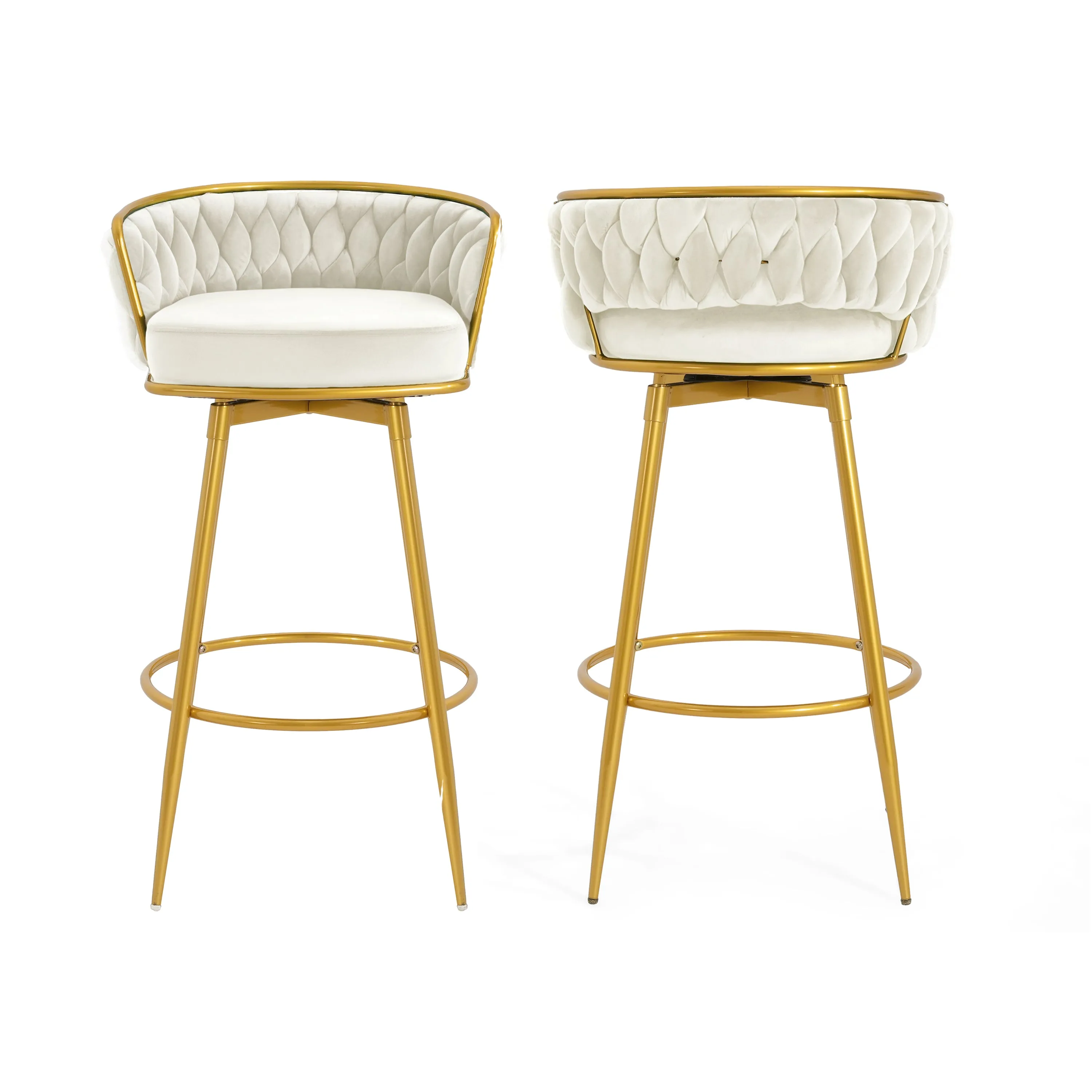 Set of 2 Velvet Swivel Bar Stools 180 Gold Frame w/ Woven Back & Footrest