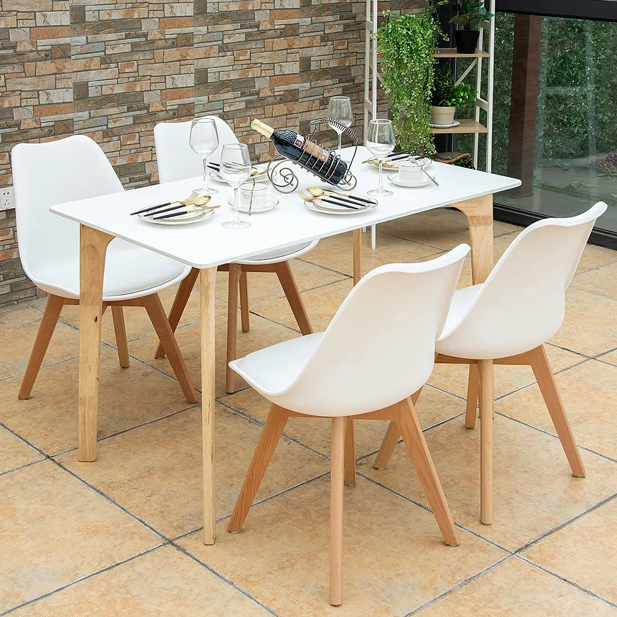 Set of 4 Mid Century Dining Chairs Wood Legs White