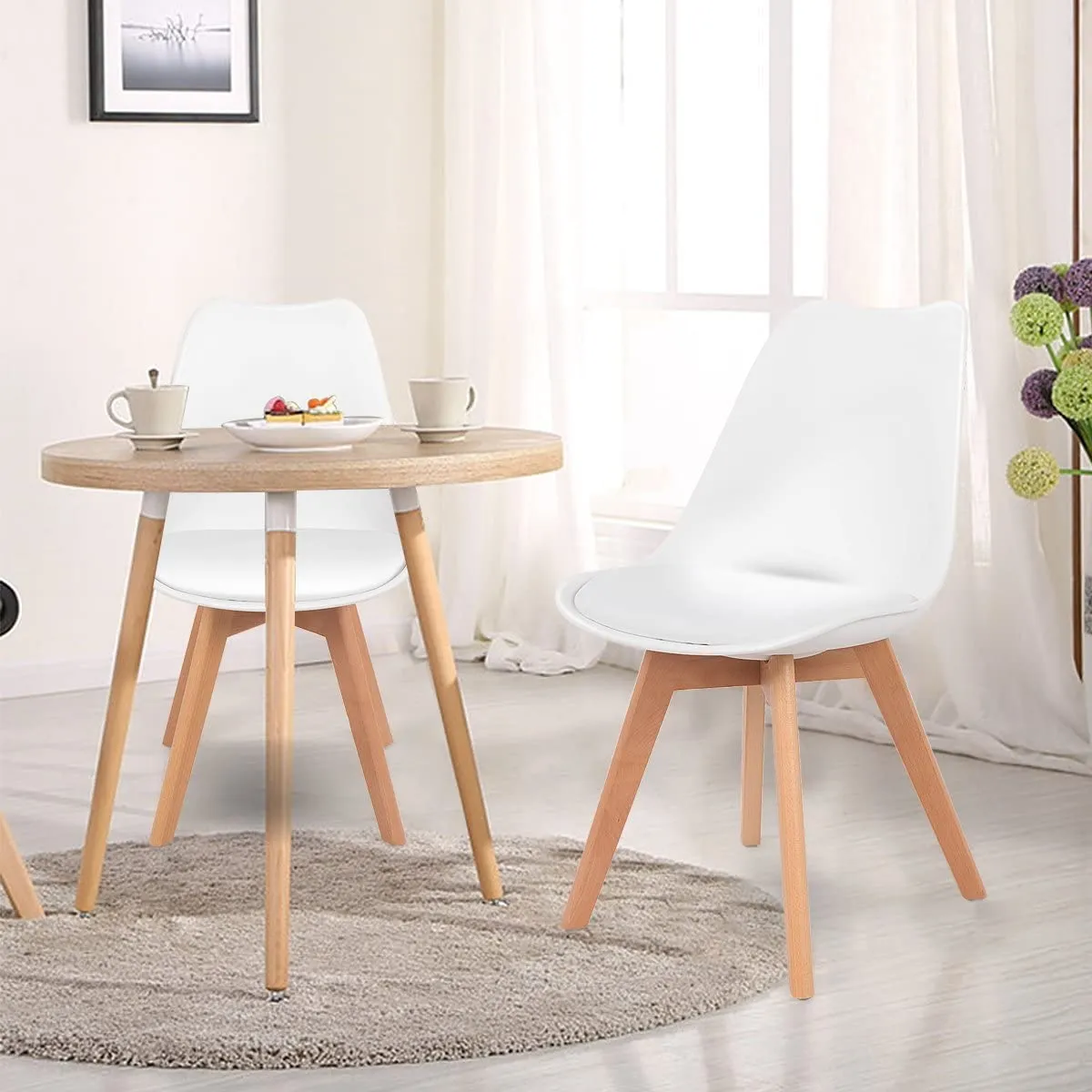 Set of 4 Mid Century Dining Chairs Wood Legs White