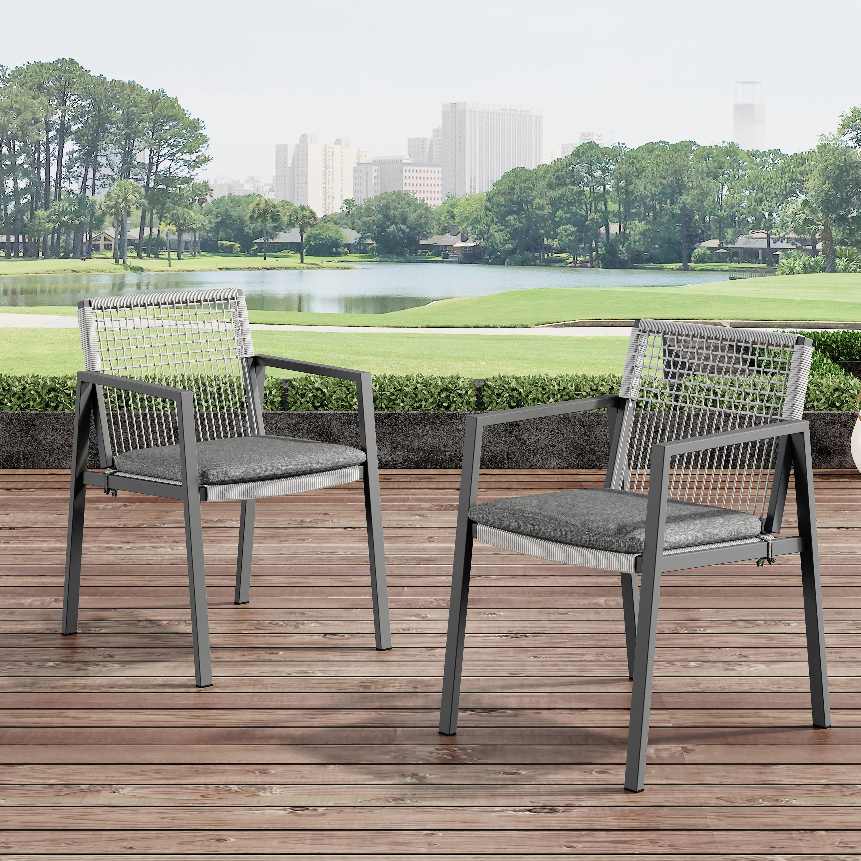 Set of 2 Modern Outdoor Rope Weave Dining Chairs with Aluminum Frame chandelier, pendant light