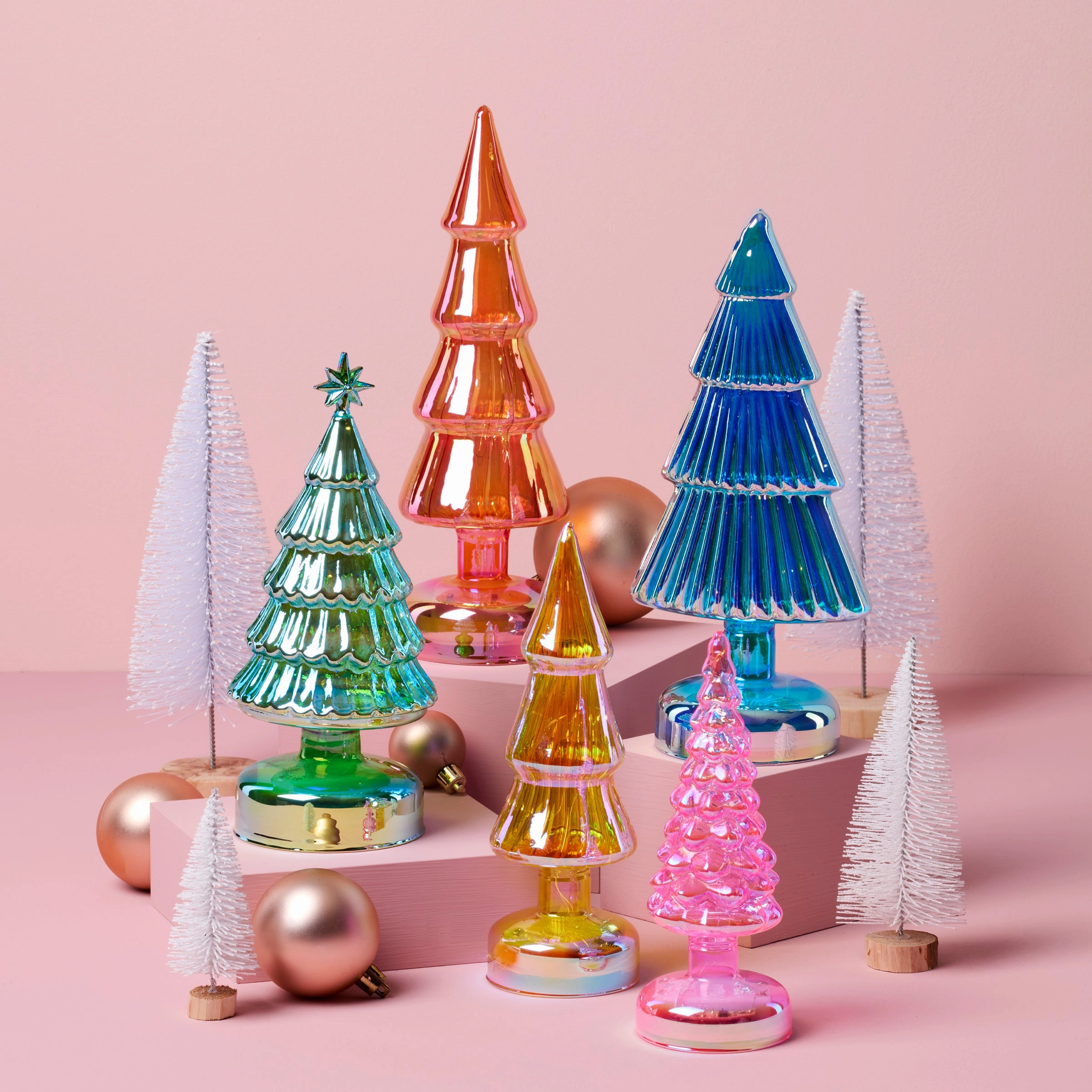 Small Multicolor Led Lit Holiday Trees 5-Piece Set