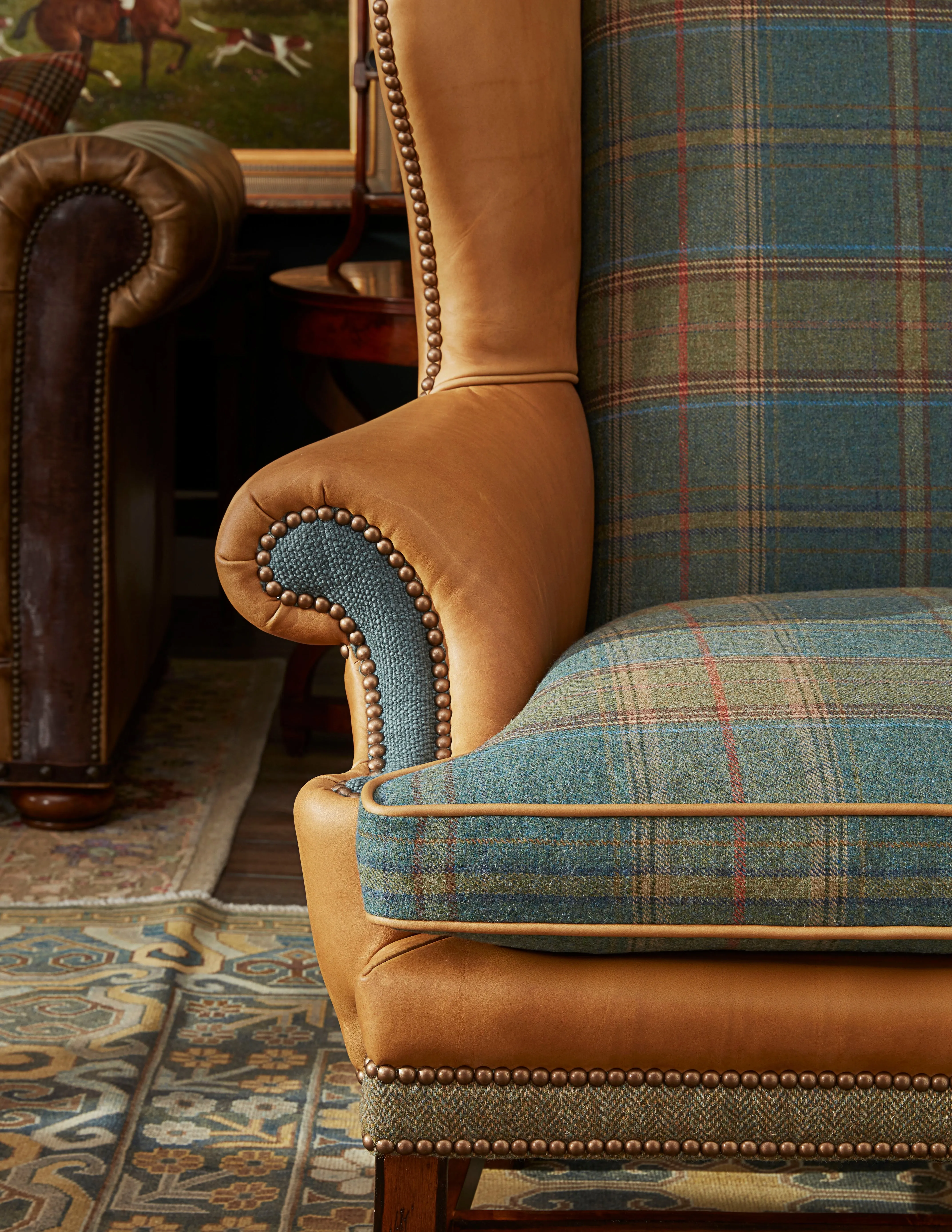 Spruce Plaid & Leather Arm Chair