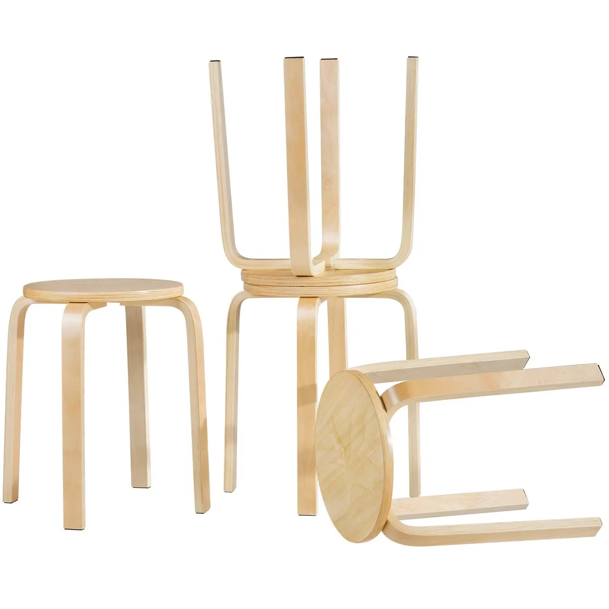 Stackable Bentwood Stools Set of 4, 18-Inch Height Backless Counter Chairs with Round Top, Anti-Slip Felt Pad